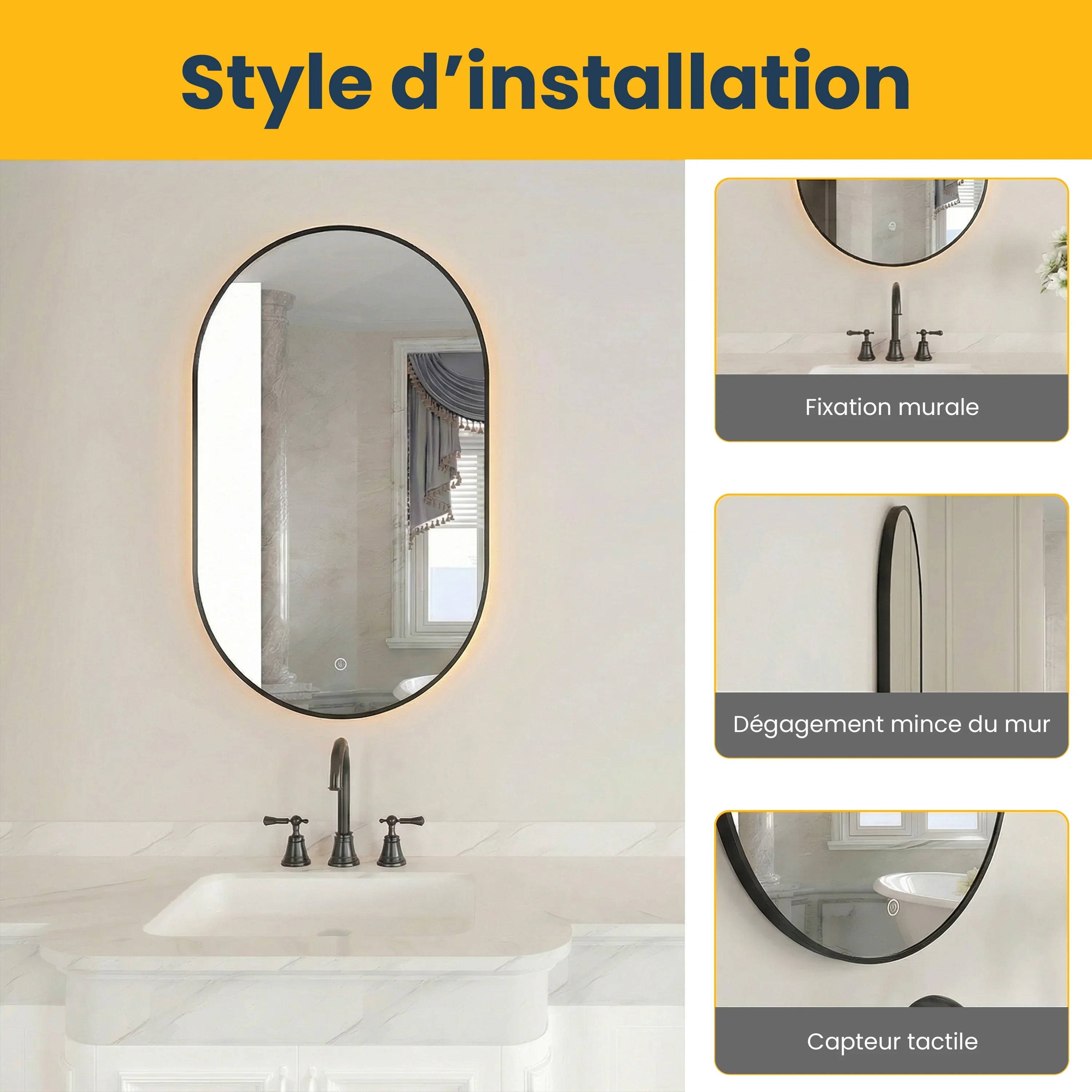 24" x 40" LED Oval Bathroom Mirror with Black Frame and Defogger