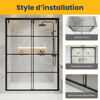 48" x 79" Framed Reversible Sliding Shower Door in Matte Black with Clear Glass Without Base