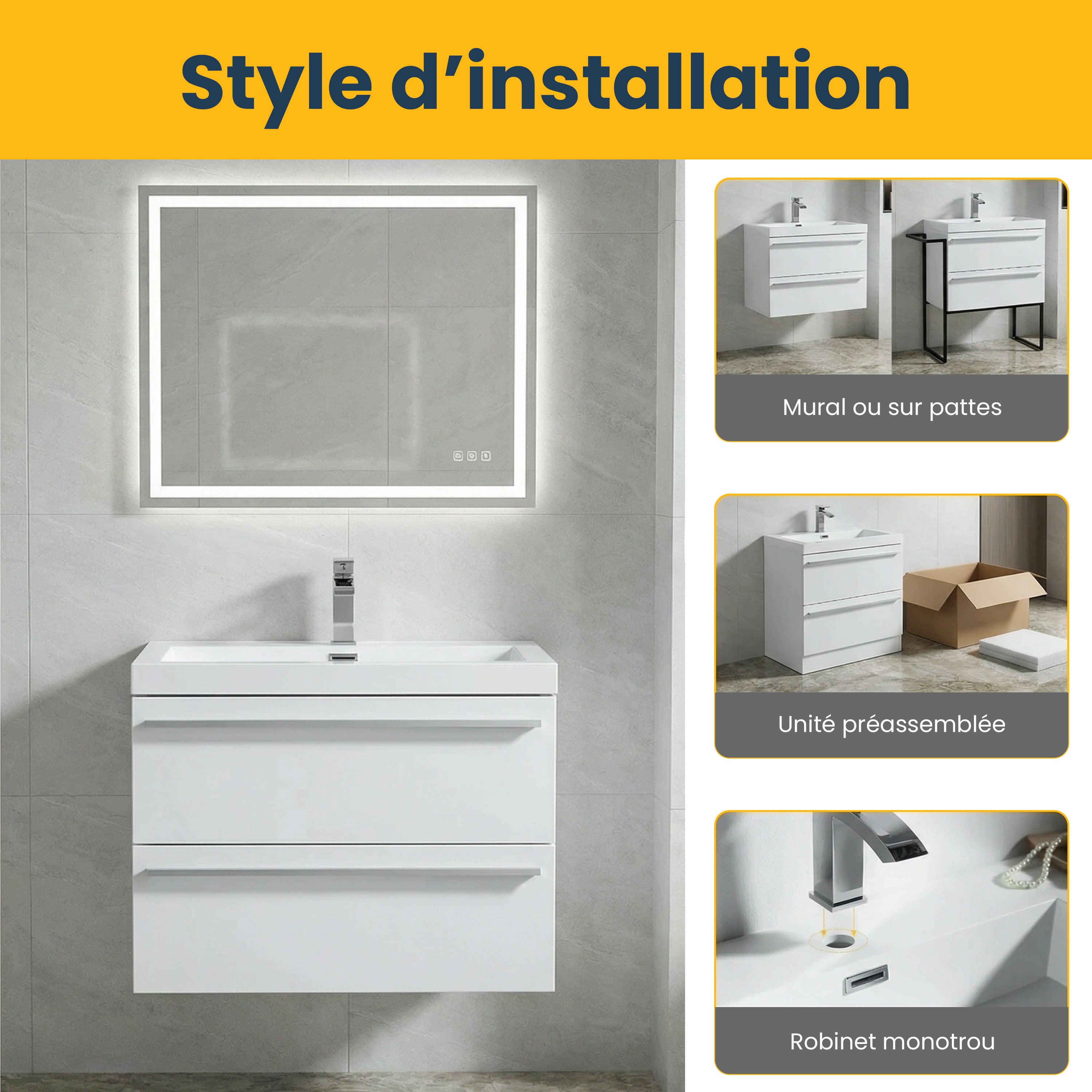 Meuble-lavabo mural blanc 24" avec Comptoir en polymarbre blanc
