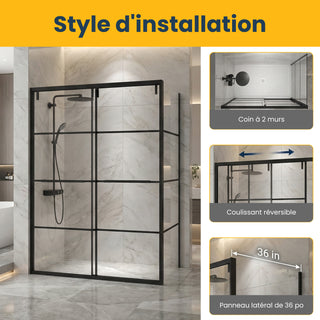 60" x 79" Framed Reversible Sliding Shower Door with 36" Side Panel in Matte Black and Clear Glass Without Base