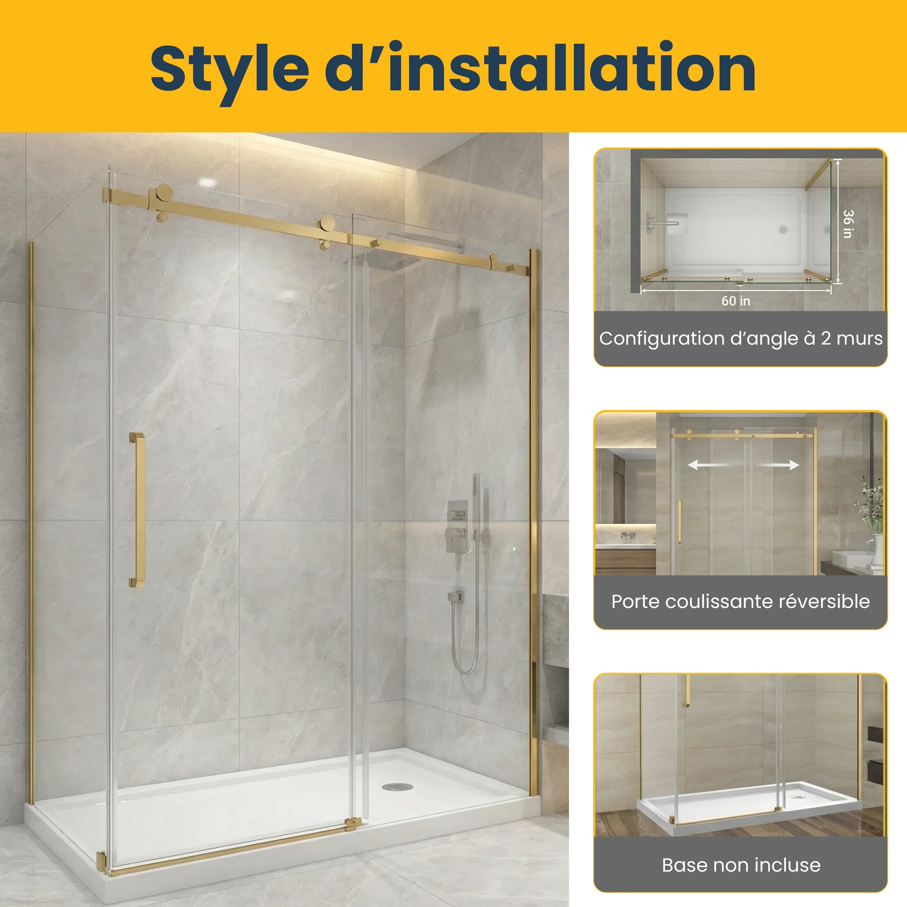 Porte de douche coulissante 60po x 36po x 75po en or brossé avec panneau latéral 36po