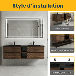 Meuble-Lavabo Mural 72po Noyer avec Comptoir de Quartz d'ingénierie Noir