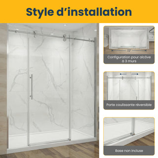 72" x 75" Alcove Reversible Sliding Shower Door in Chrome - 10mm Glass, 3-Wall Setup (Base Not Included)