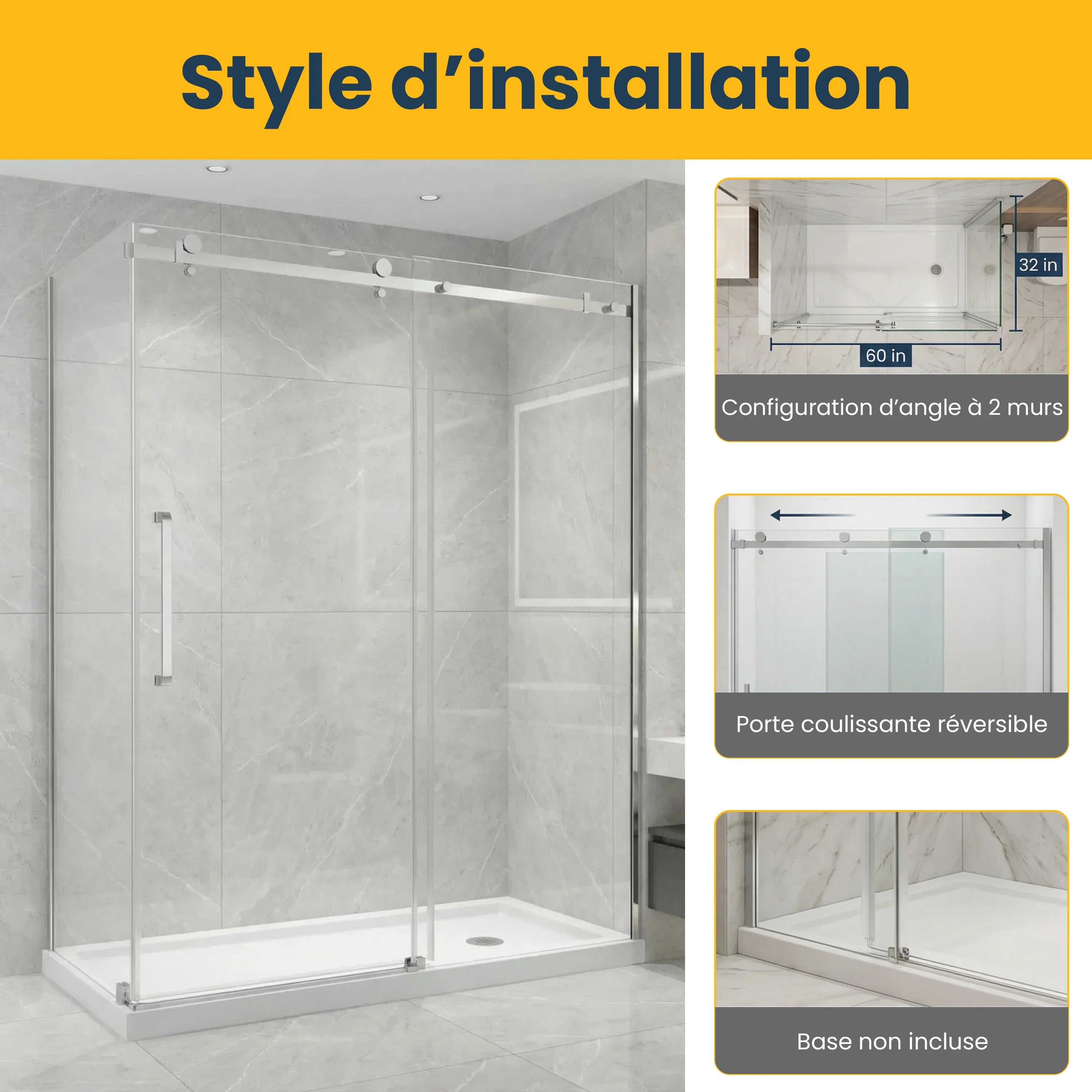 60" x 32" x 75" Chrome Square Hardware Sliding Shower Door Set - 2-Wall Corner Setup