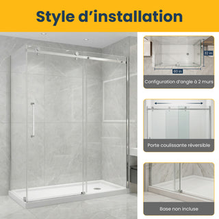Ensemble de portes de douche carrées chromées 60 po x 32 po x 75 po - Installation sur 2 murs sans base