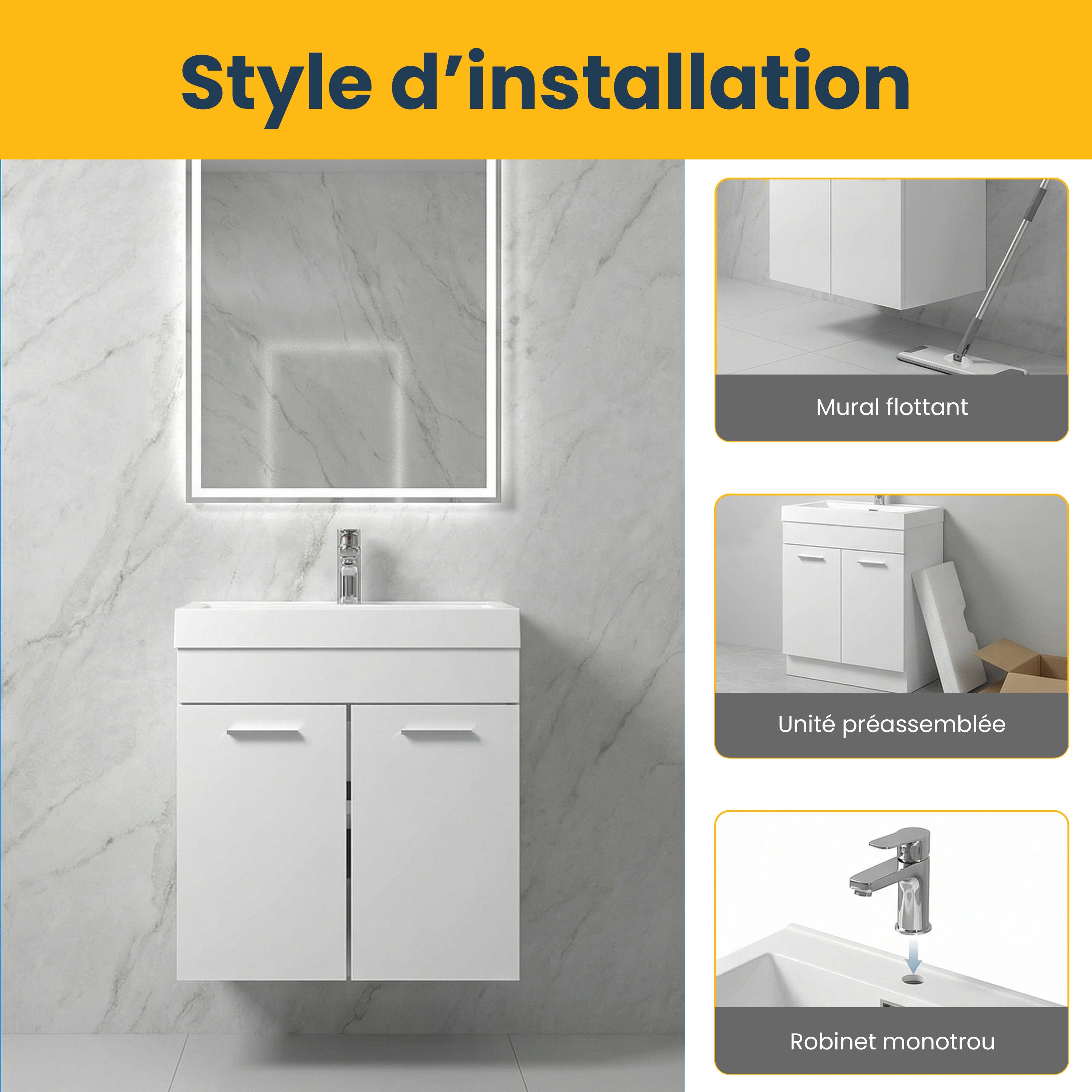 20" White Wall-Mount Single Sink Bathroom Vanity with White Polymarble Countertop