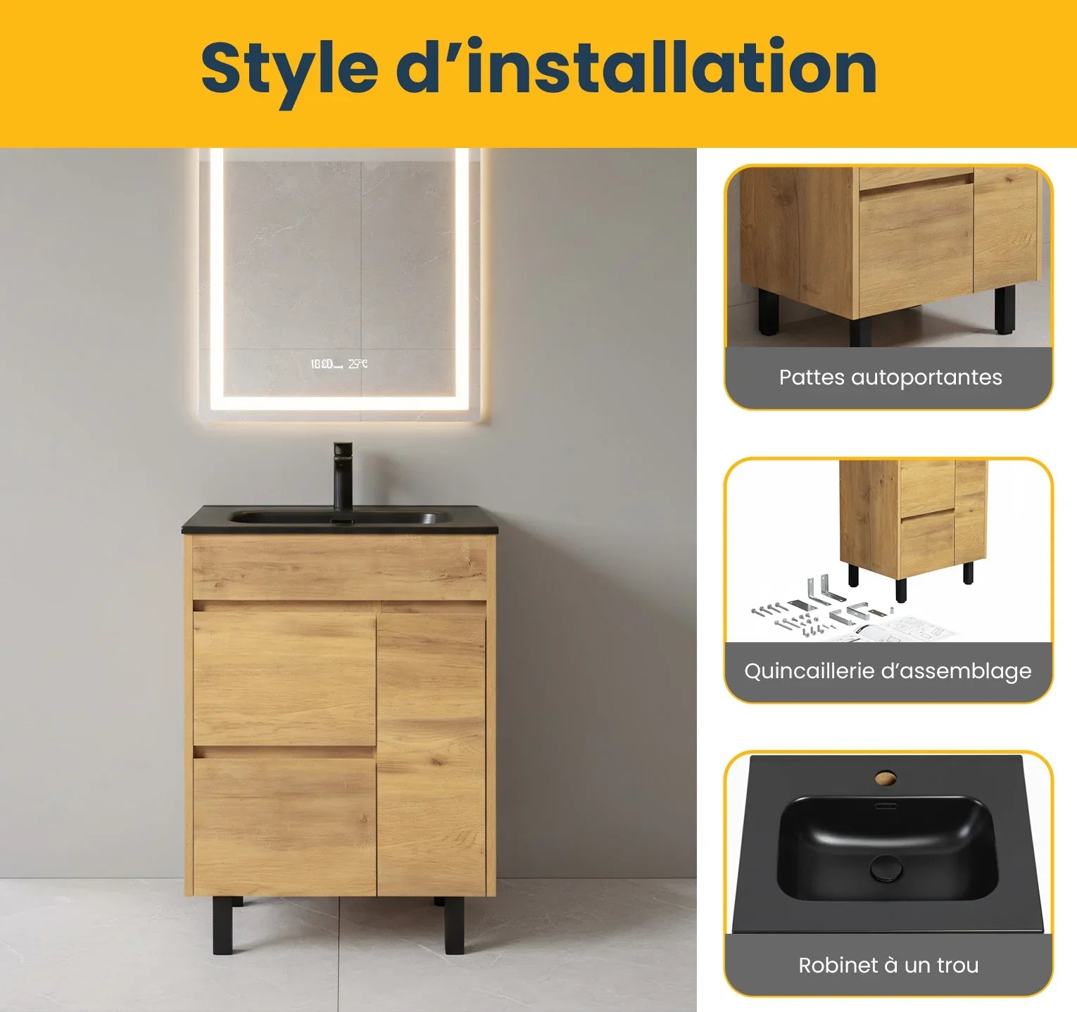 24" Frosted Oak Freestanding Single Sink Bathroom Vanity with Black Ceramic Countetop