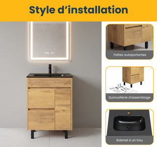 Meuble-Lavabo Autoportant 24po Chêne Givré avec Comptoir de Céramique Noir