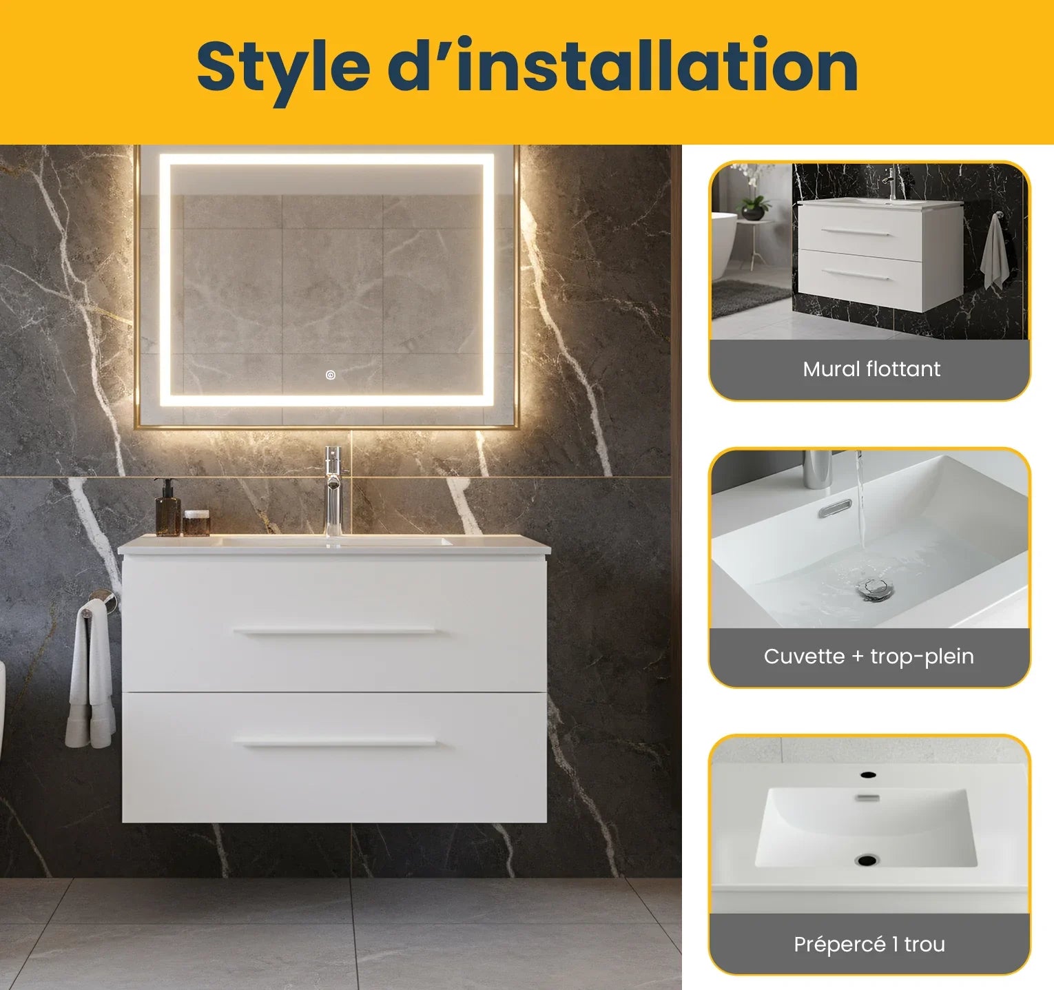 30" Matte White Wall Mount Bathroom Vanity with White Ceramic Countertop