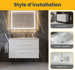 Meuble-Lavabo Mural 30po Blanc Mat avec Comptoir de Céramique Blanc