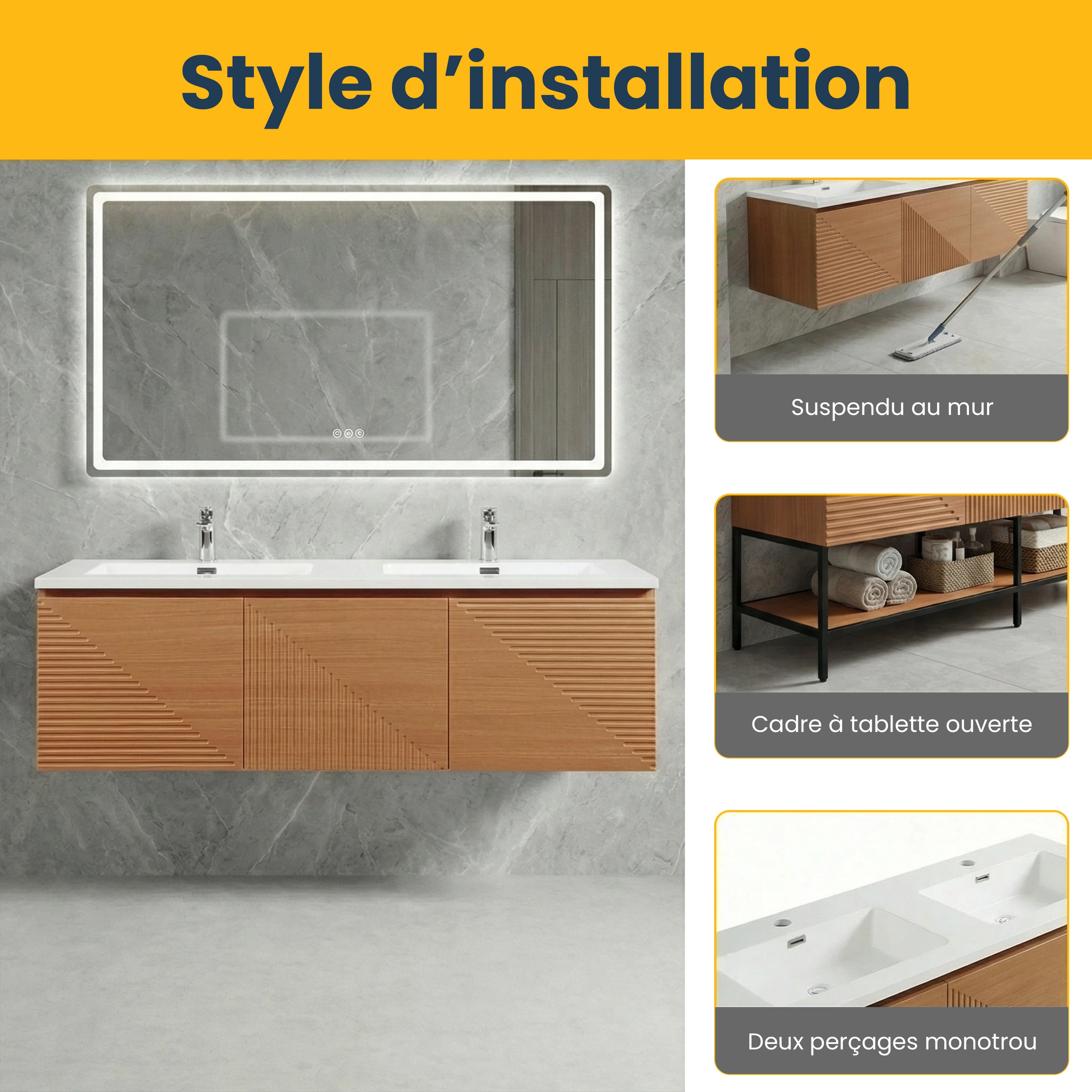 60" Light Oak Wall-Mounted Double Sink Bathroom Vanity with White Polymarble Countertop
