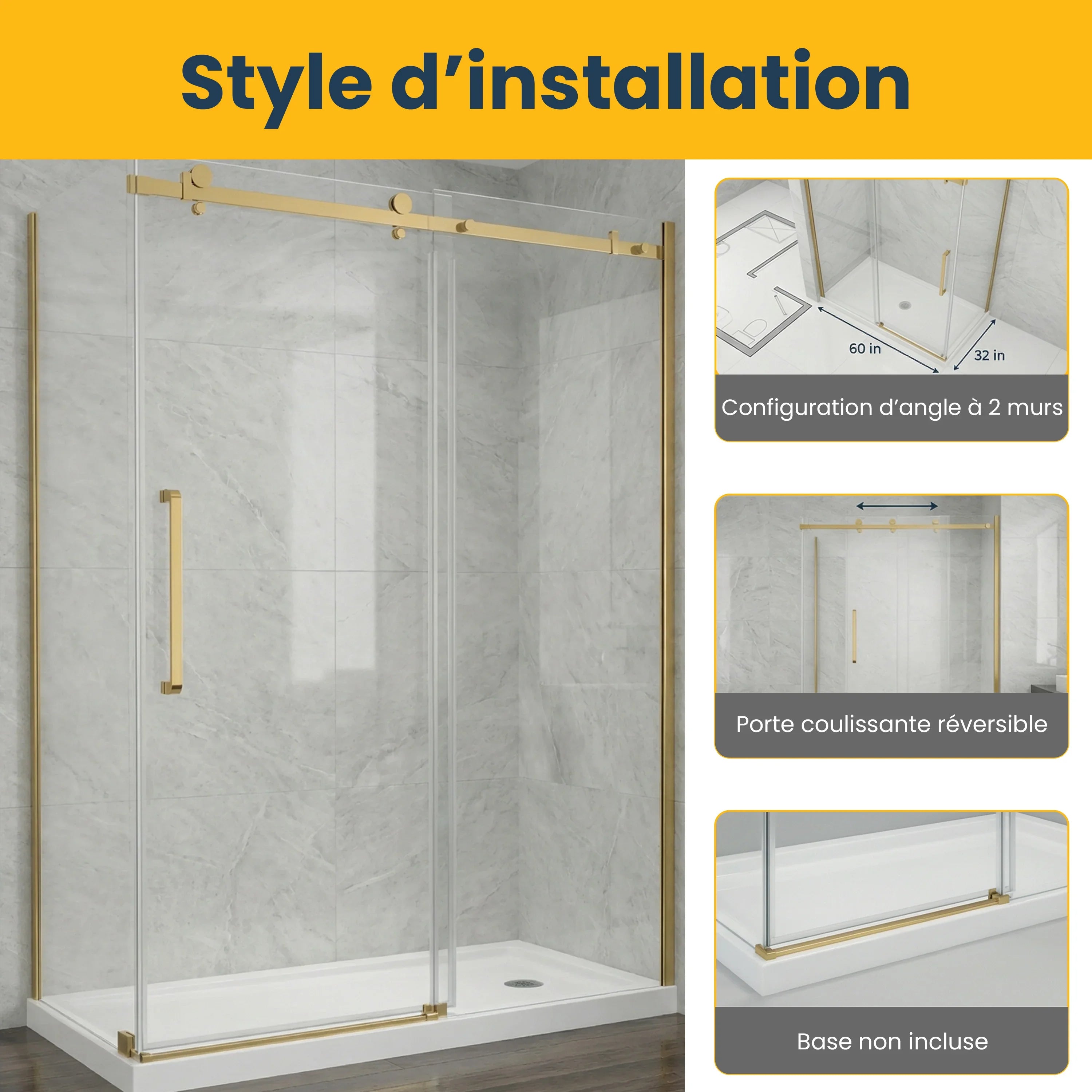 Porte de douche coulissante 60po x 32po x 75po en or brossé avec panneau latéral 32po