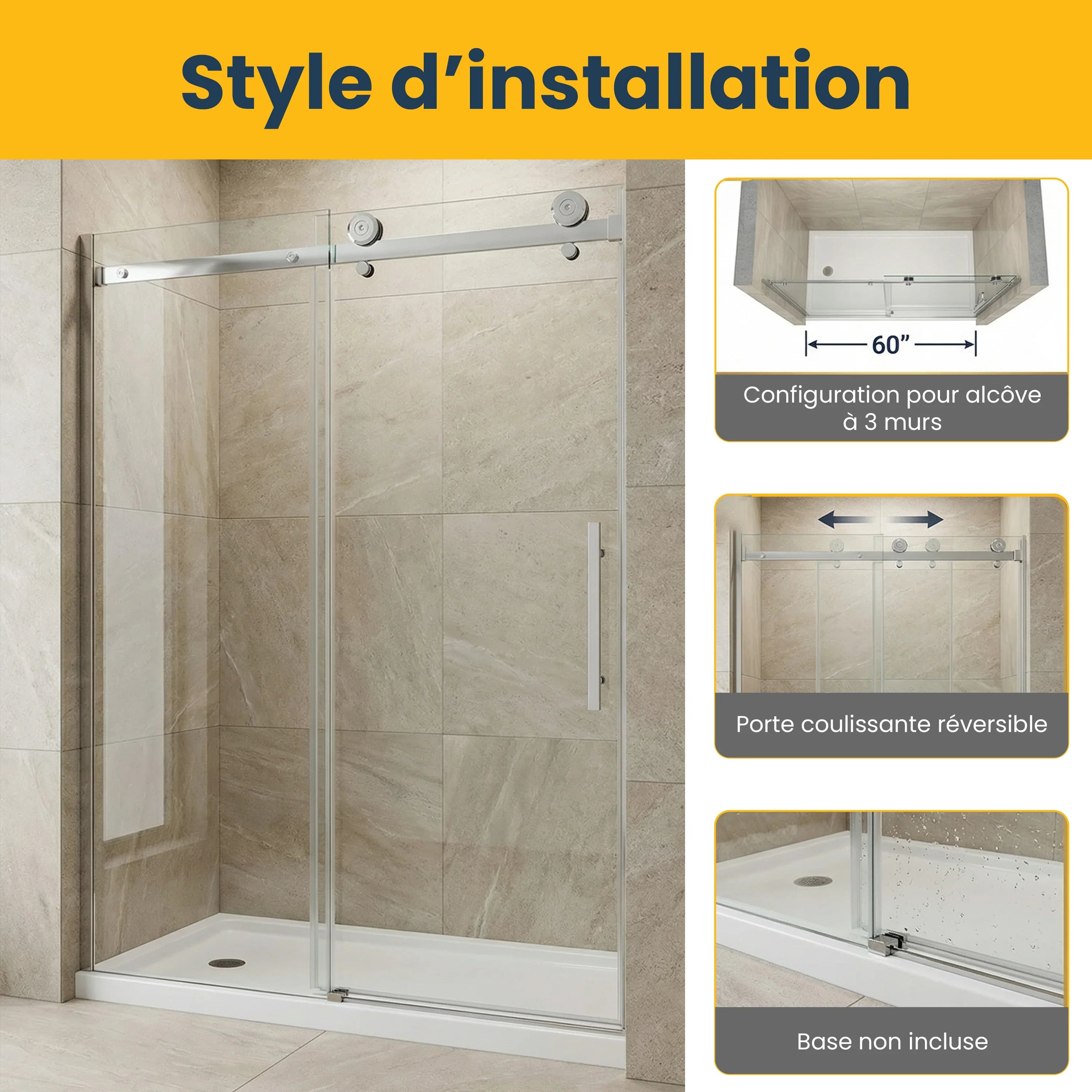 60" x 75" Alcove Reversible Sliding Shower Door with Square Chrome Hardware – 10mm Tempered Glass