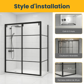 48" x 79" Framed Reversible Sliding Shower Door with 36" Side Panel in Matte Black and Clear Glass Without Base