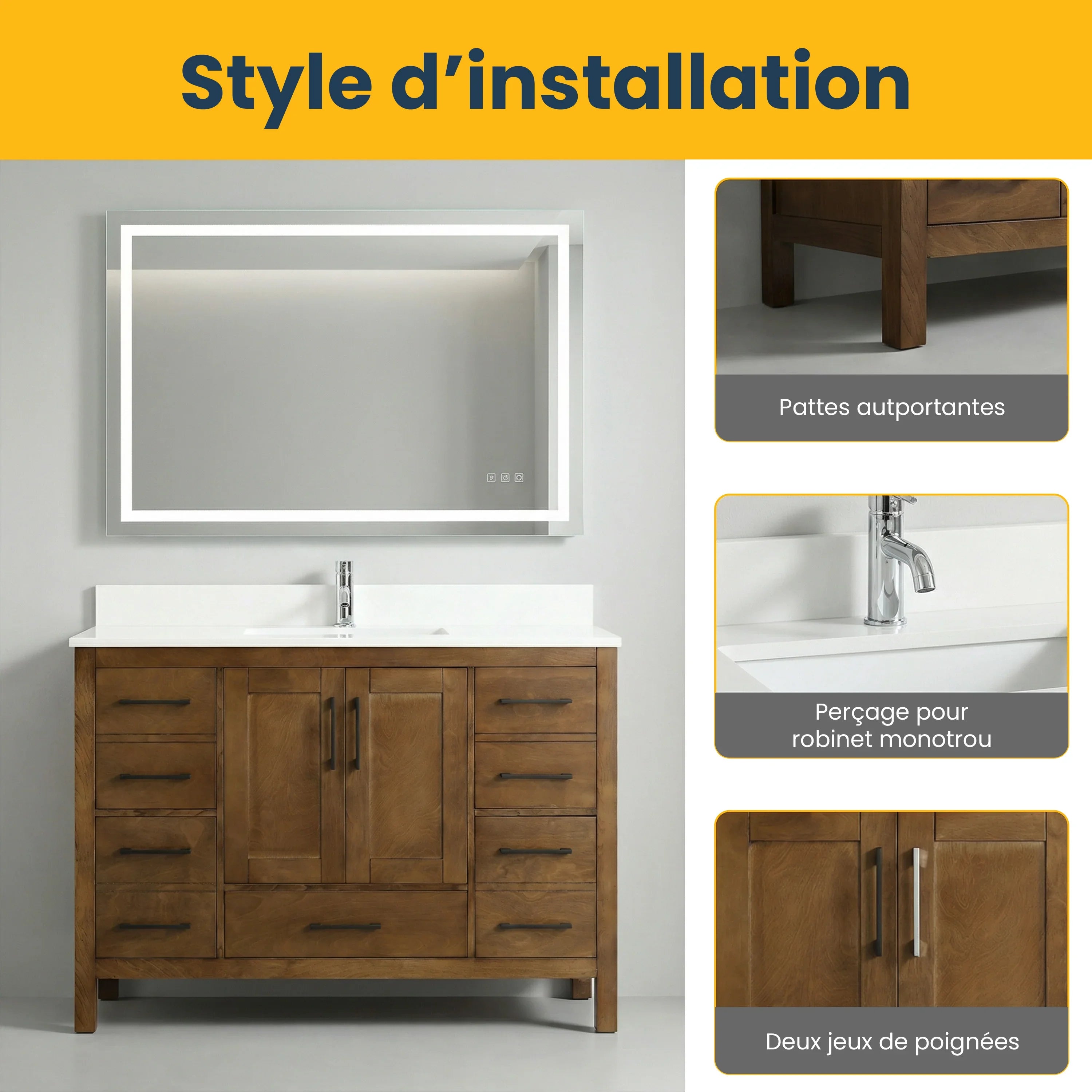 48" Walnut Freestanding Bathroom Vanity with Engineered White Marble Countertop