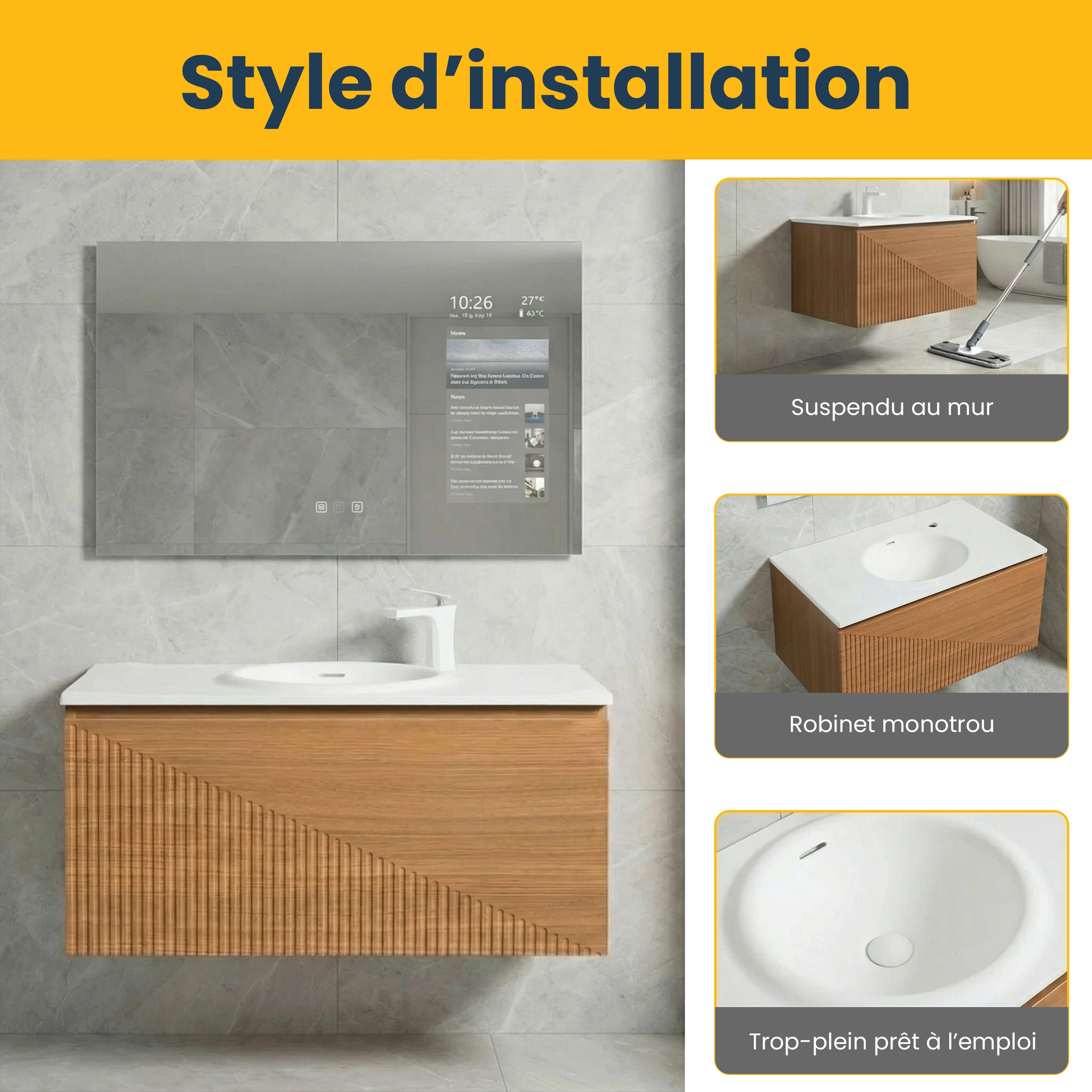 36" Light Oak Wall Mount Bathroom Vanity with White Solid Surface Countertop