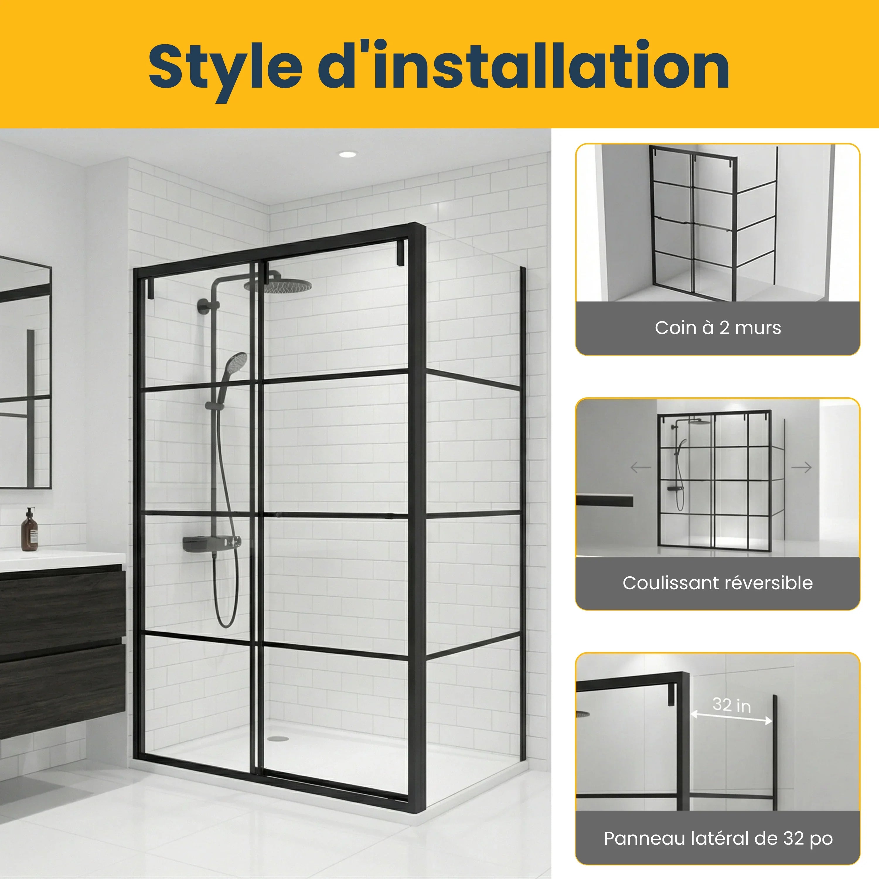 48" x 79" Matte Black Framed Sliding Shower Door with 32" Side Panel - Tina Collection