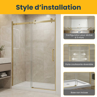 48" x 75" x 10mm Alcove Reversible Sliding Shower Door with Square Design Hardware in Brushed Gold