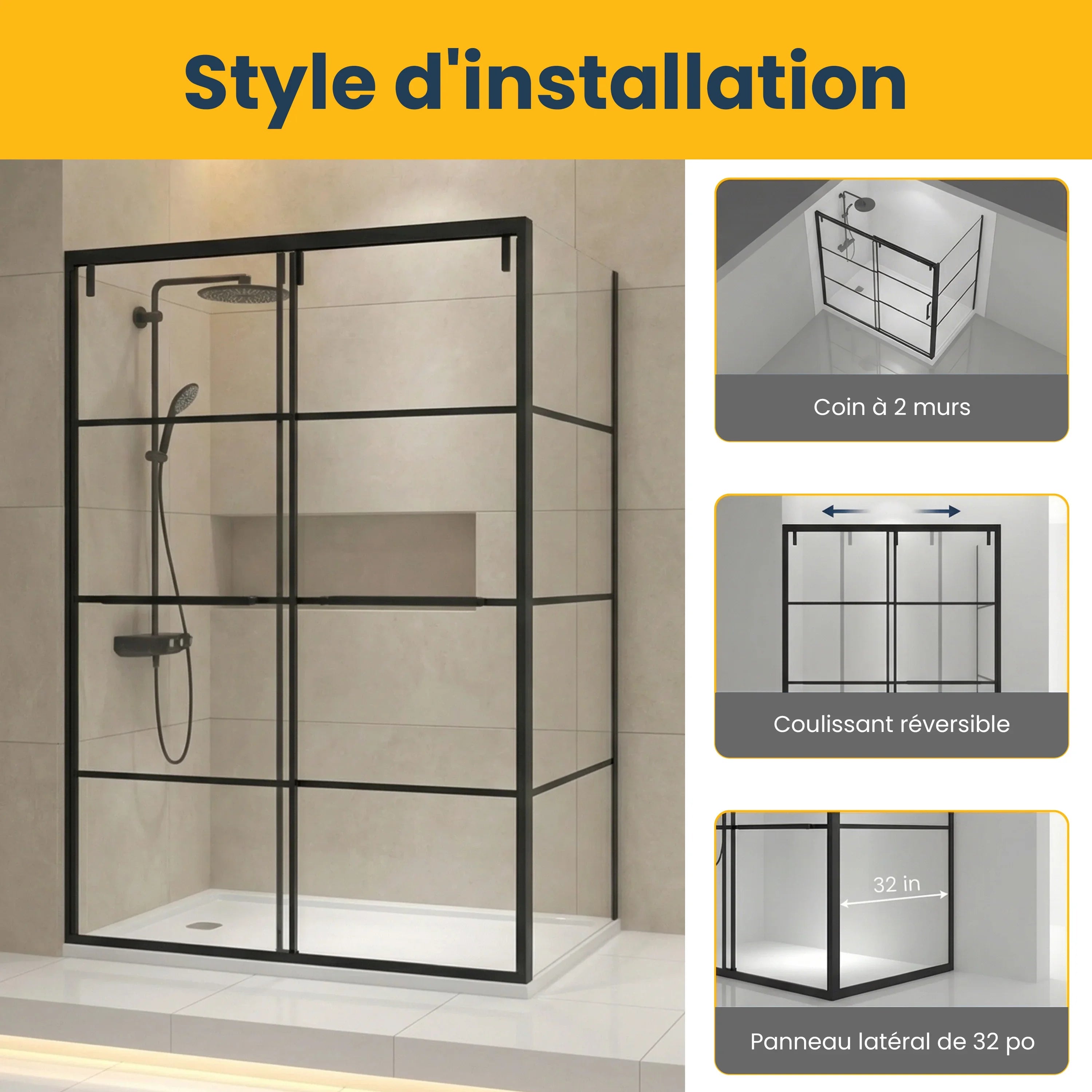 Porte de douche coulissante réversible 60po x 79po noir mat avec panneau latéral 32po