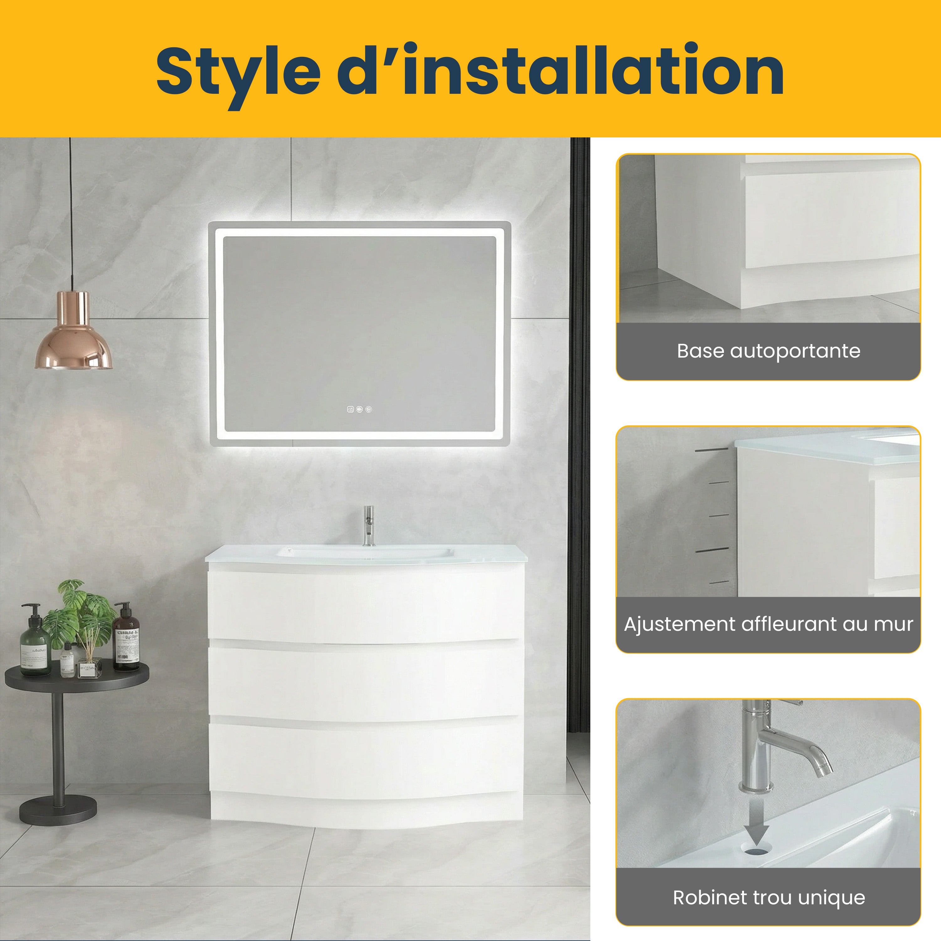 Meuble-Lavabo Autoportant 40po Blanc Mat avec Comptoir de Verre Blanc
