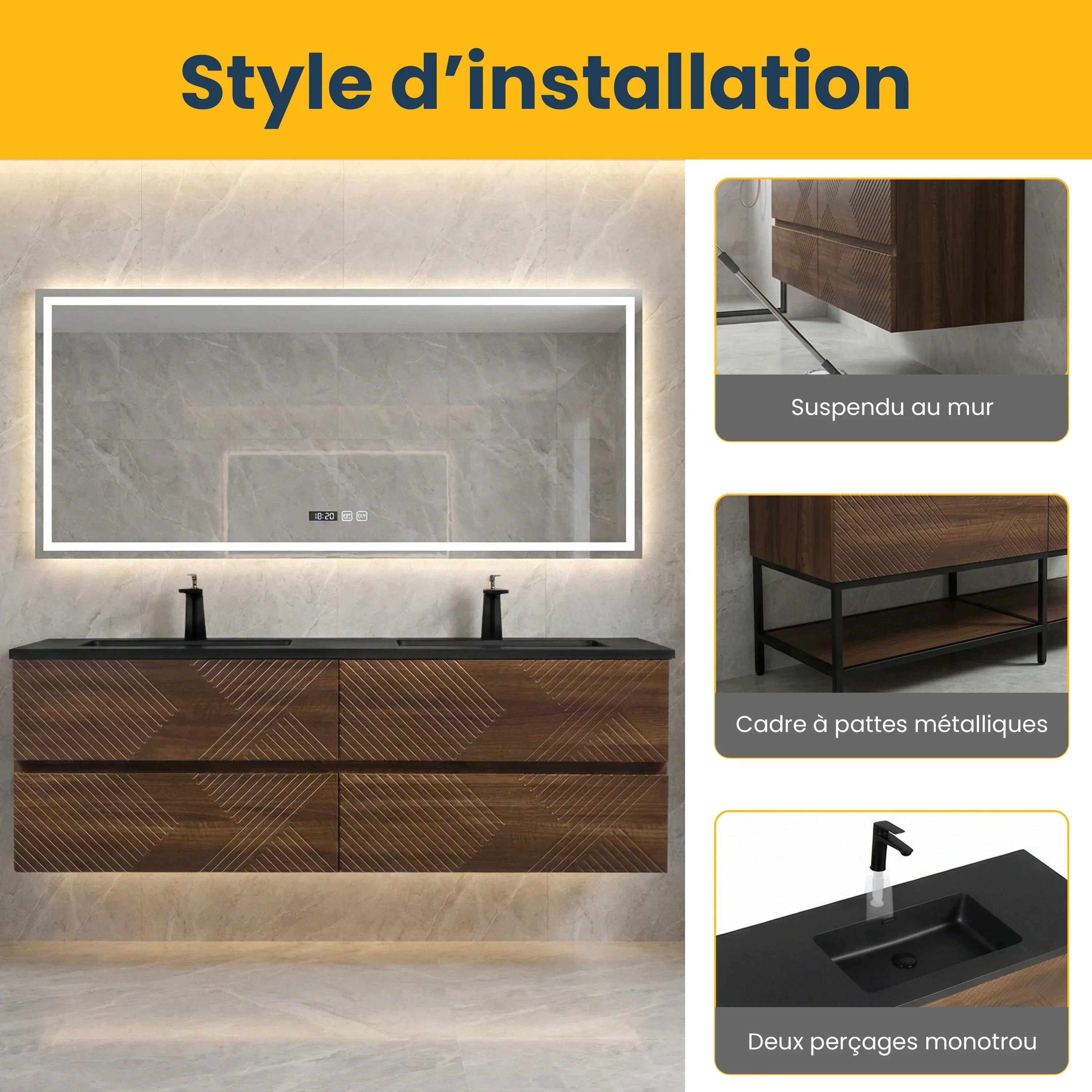 60" Walnut Wall Mount Double Sink Bathroom Vanity with Black Engineered Quartz Countertop