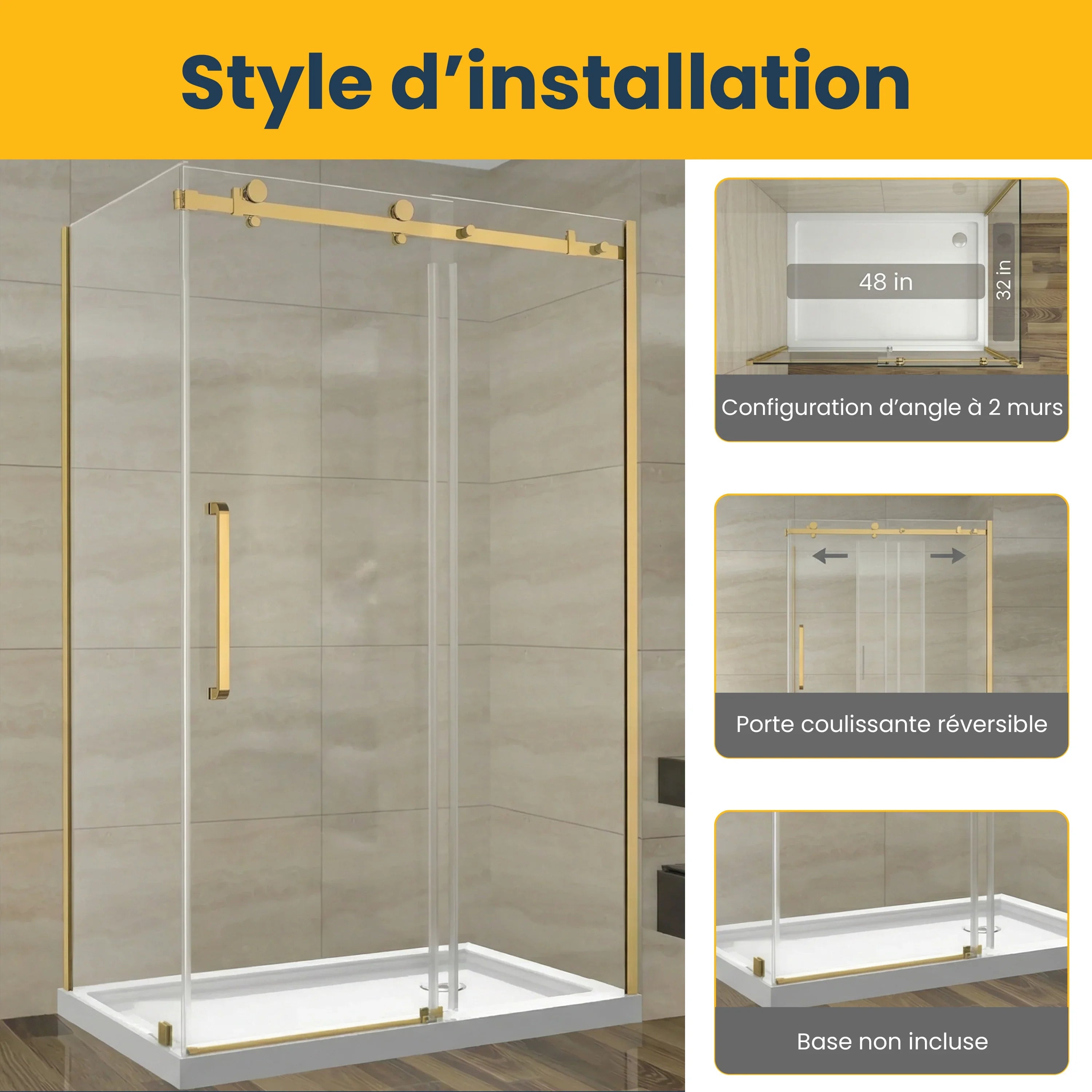 Porte de douche coulissante 48po x 32po x 75po en or brossé avec panneau latéral 32po