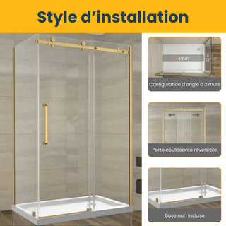 48" x 32" x 75" x 10mm Reversible Sliding Shower Door Square Design Hardware in Brushed Gold with 32" Side Panel sans base