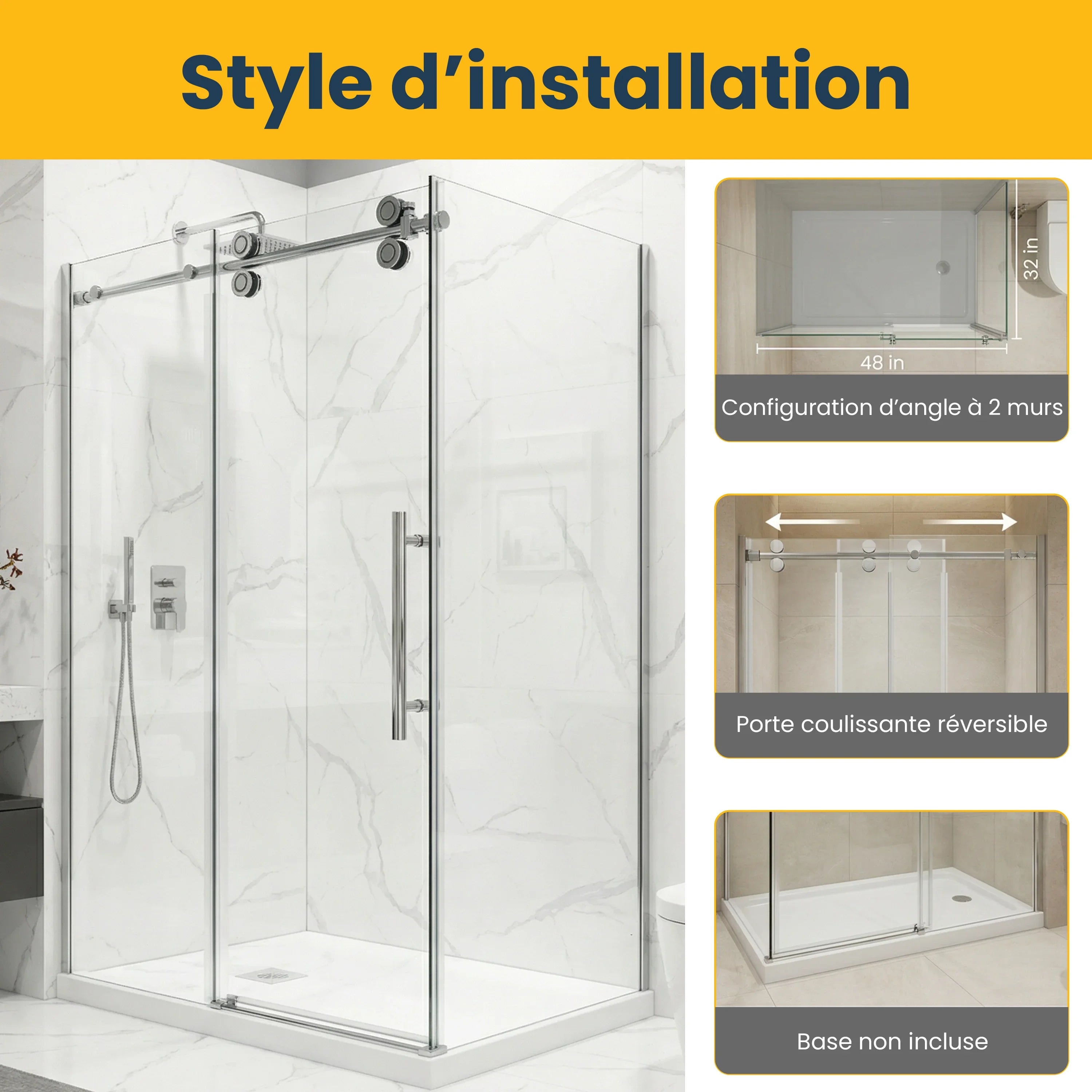 48" x 32" x 75" Reversible Sliding Shower Door with Chrome Hardware – 10mm Tempered Glass Corner Setup