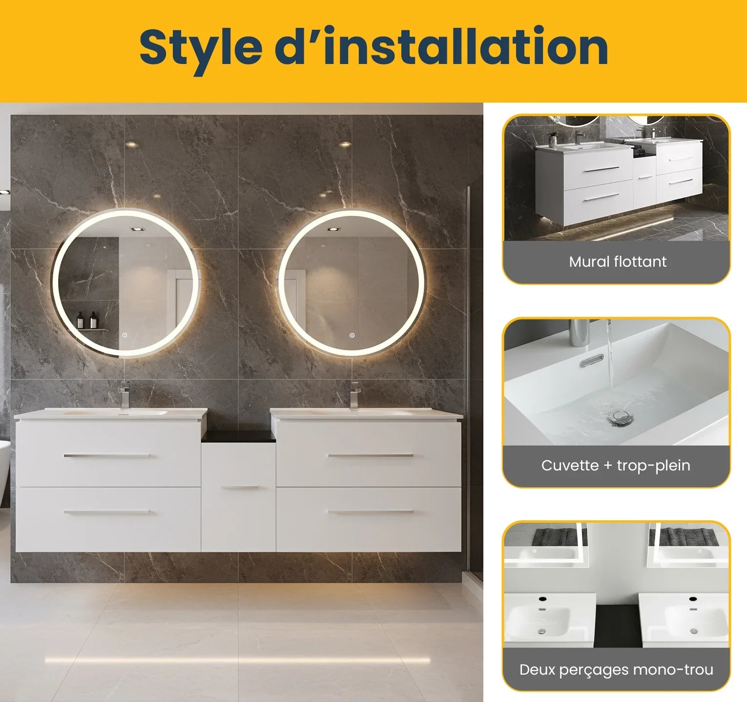 60" Matte White Wall Mount Double Sink Bathroom Vanity with White Ceramic Countertop