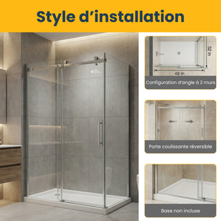 Porte de douche coulissante réversible 48" x 32" x 75" en chrome - Verre 10 mm, installation sur 2 murs avec panneau latéral de 32"