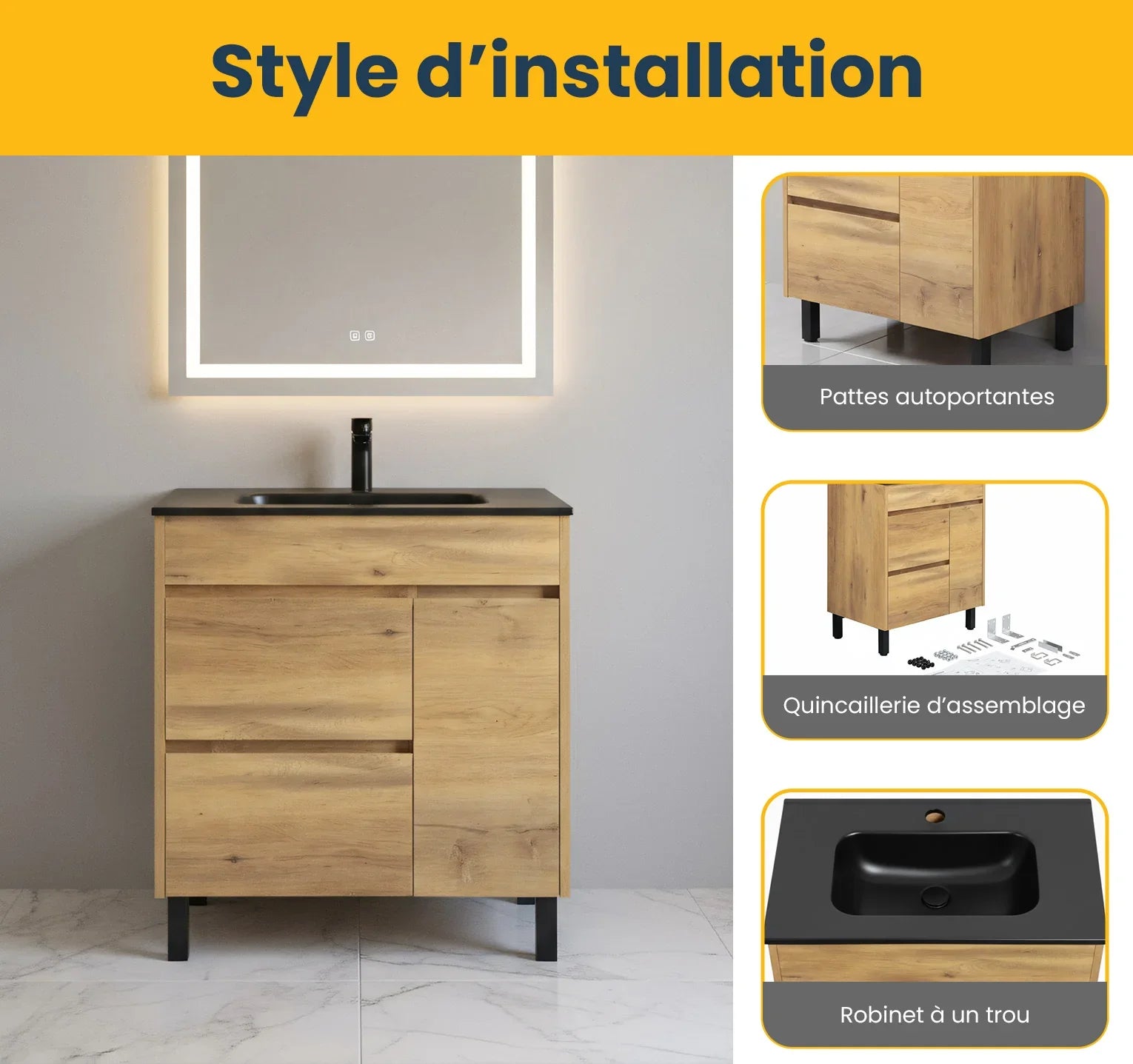 30" Frosted Oak Freestanding Single Sink Bathroom Vanity with Black Ceramic Countertop