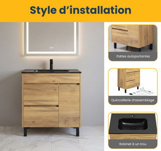 30" Frosted Oak Freestanding Single Sink Bathroom Vanity with Black Ceramic Countertop