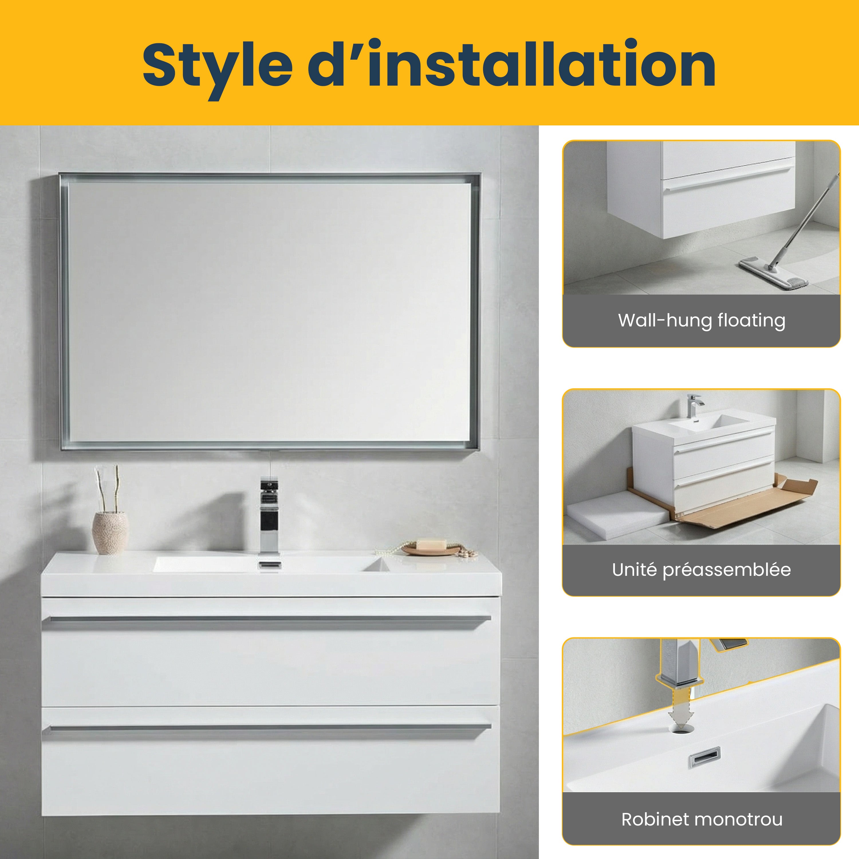Meuble-Lavabo Mural Blanc de 36 po avec Comptoir en Polymarbre Blanc