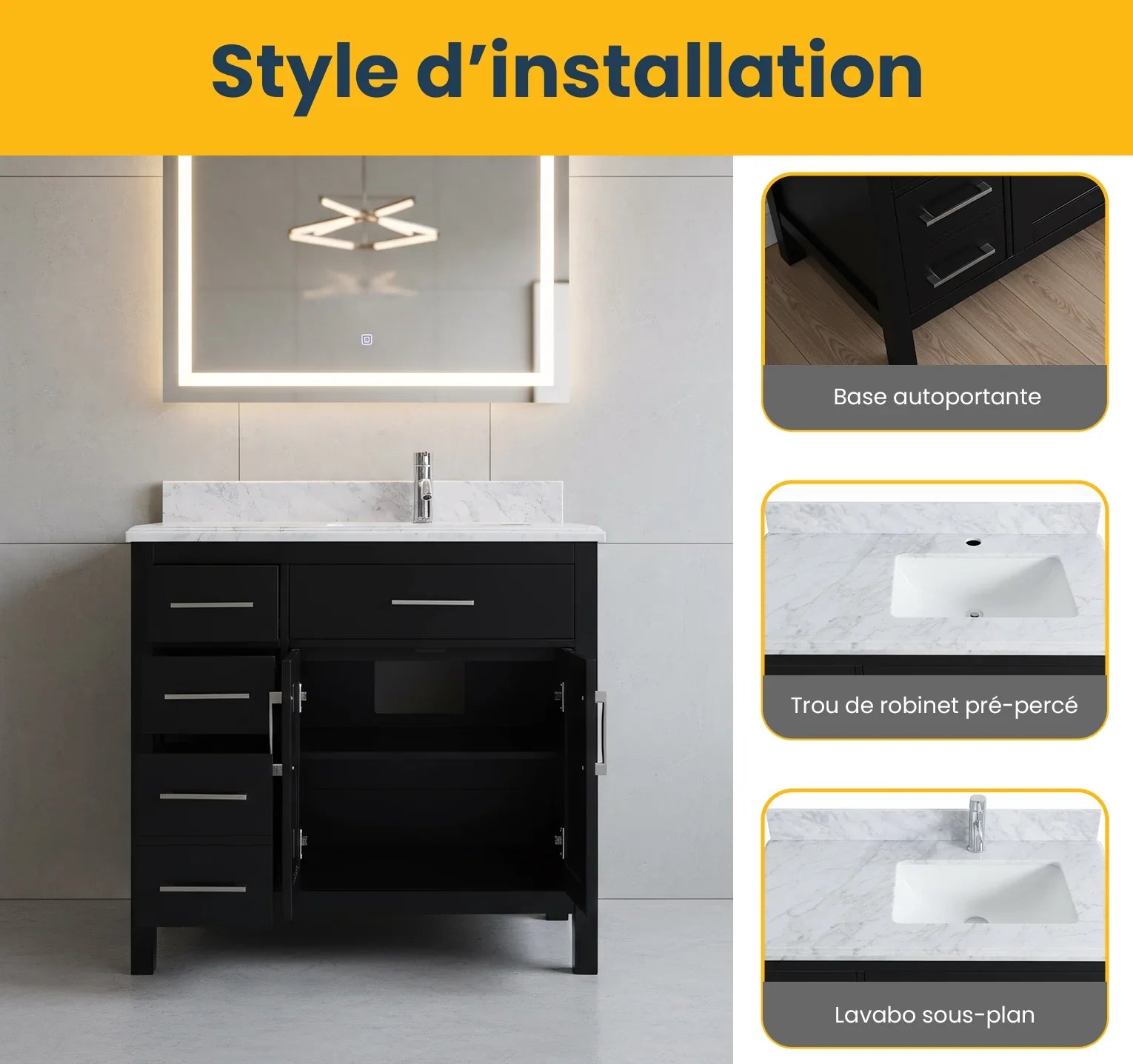Meuble Lavabo Autoportant Noir 36po avec Comptoir en Marbre Carrera