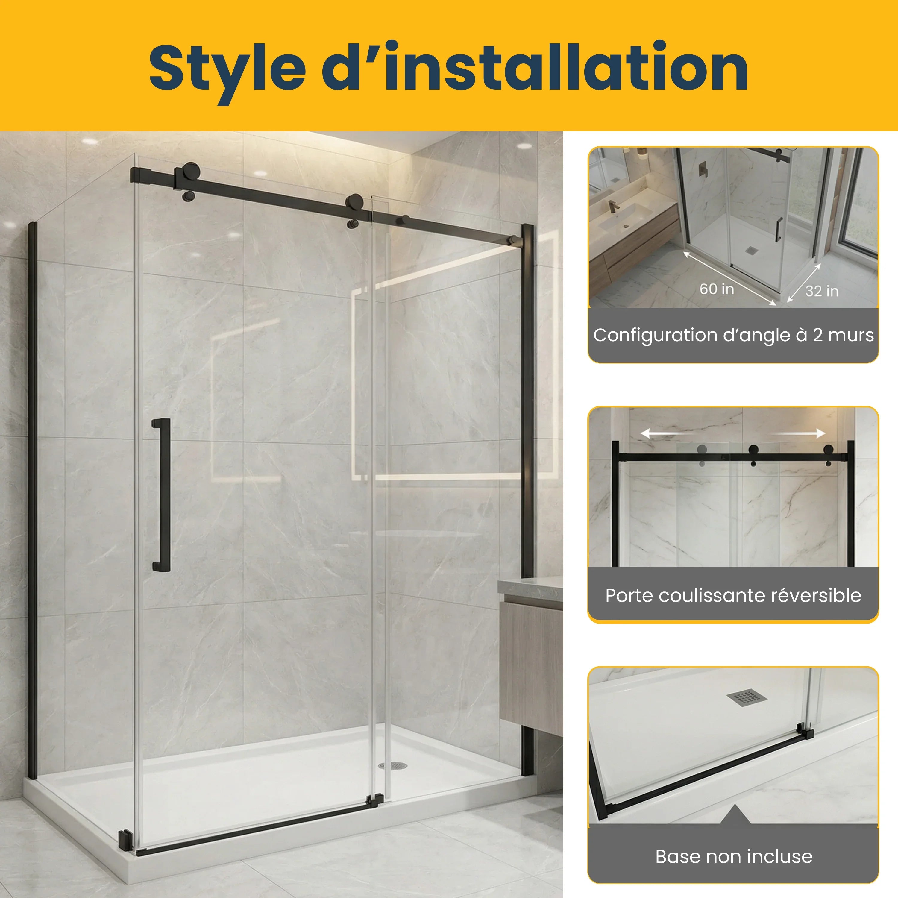 60" x 32" x 75" Matte Black Sliding Shower Door with Square Hardware – 2-Wall Corner Setup