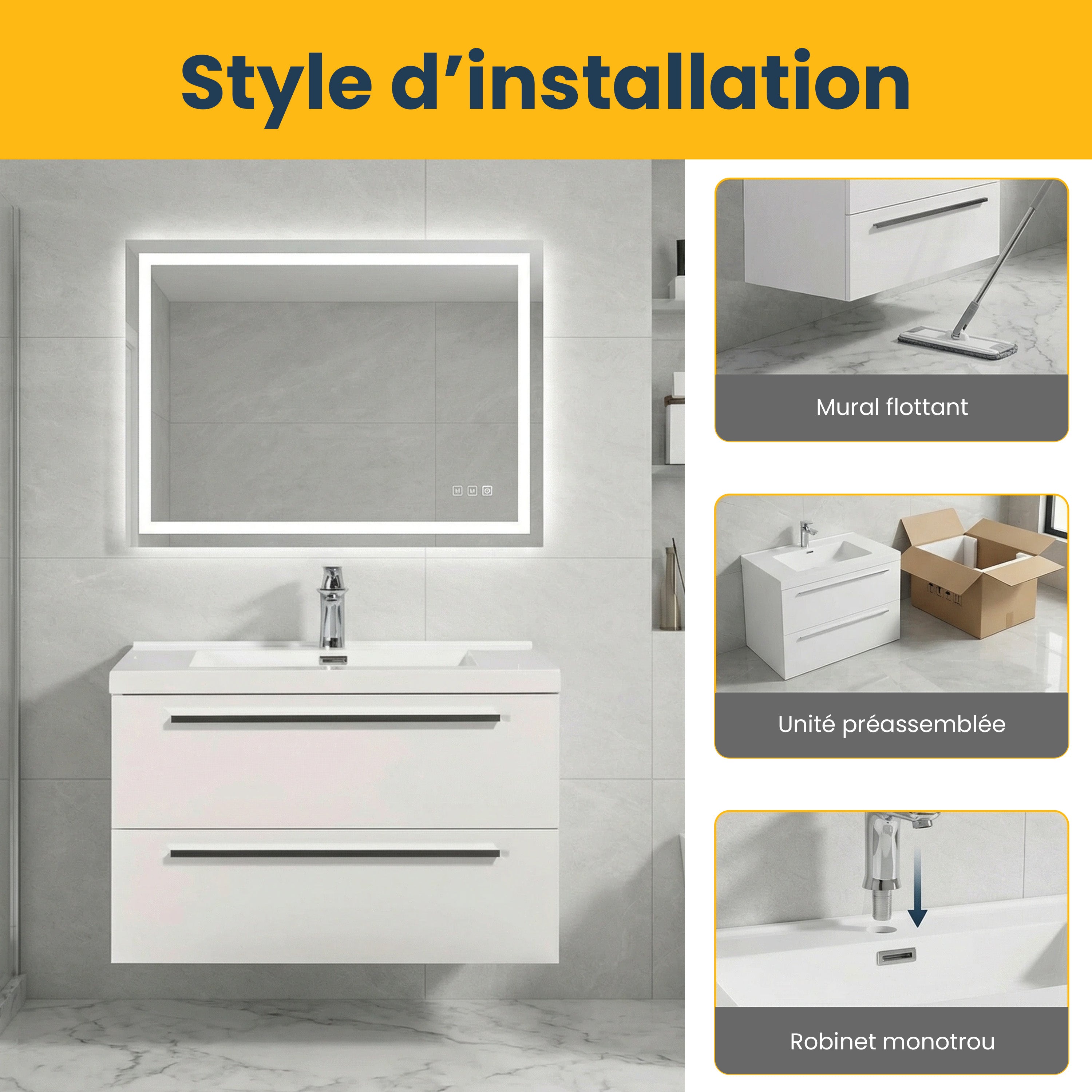 Meuble-Lavabo Mural 30po Blanc avec Comptoir de Polymarbre Blanc
