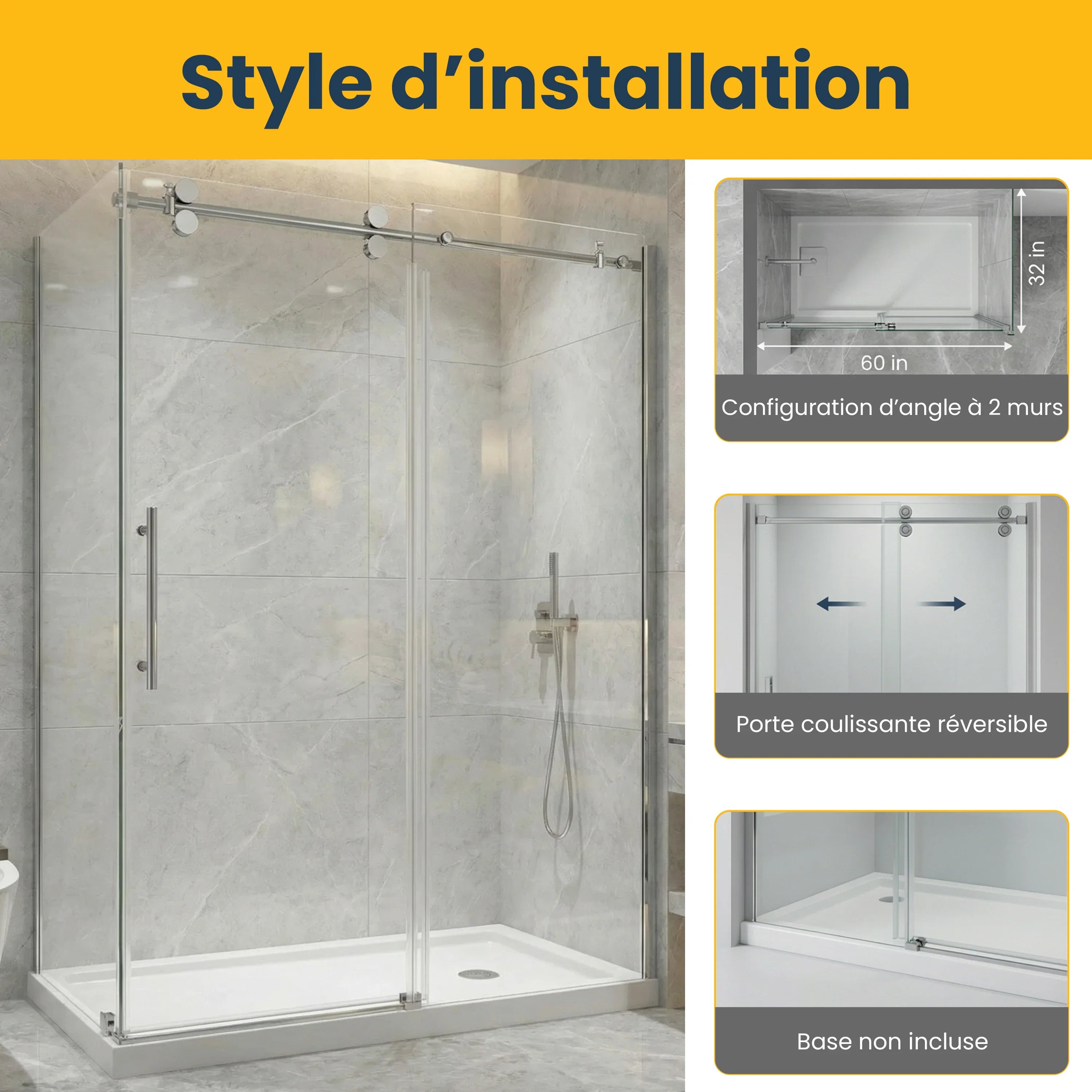 60" x 32" x 75" Chrome Round Hardware Sliding Shower Door Set - 2 Wall Corner Setup