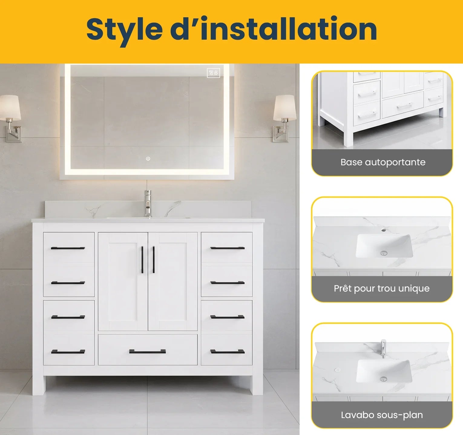 Meuble-lavabo Autoportant 42 po Blanc avec Comptoir de Marbre Ingénierie Calcutta