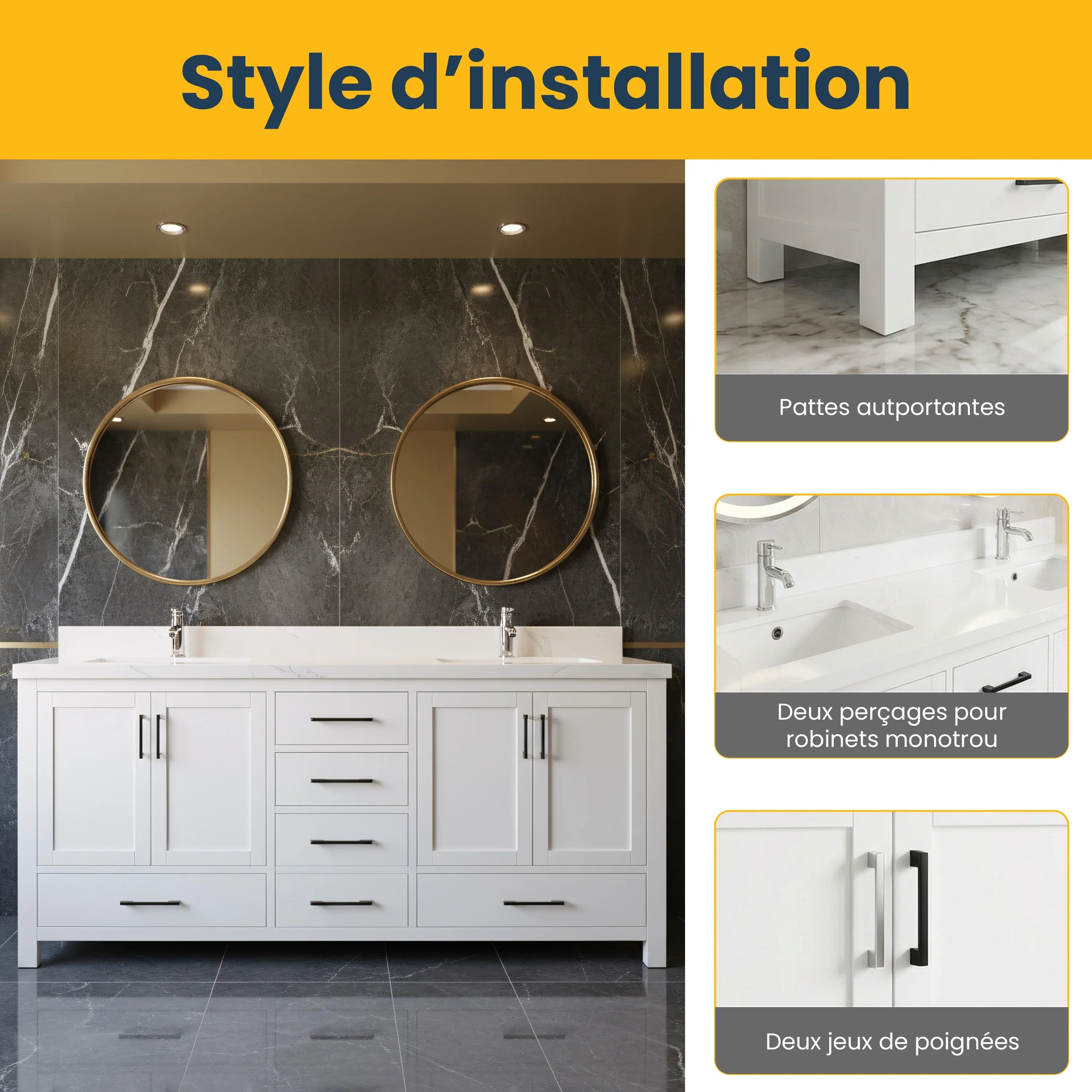 Meuble-lavabo double sur pied blanc de 72 po avec comptoir en marbre blanc reconstitué