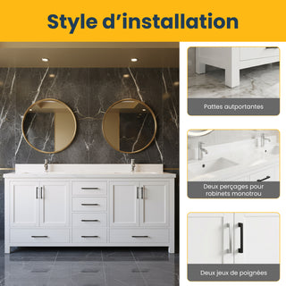 Meuble-lavabo double sur pied blanc de 72 po avec comptoir en marbre blanc reconstitué