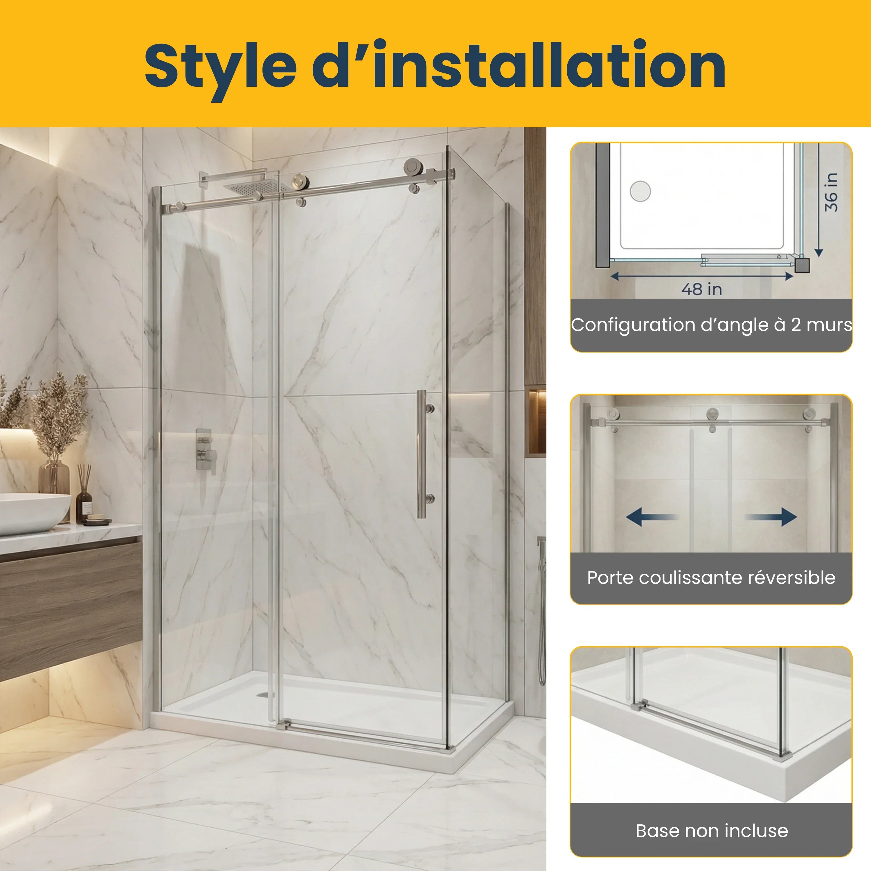 48" x 36" x 75" Reversible Sliding Shower Door in Chrome with 10mm Glass and Side Panel