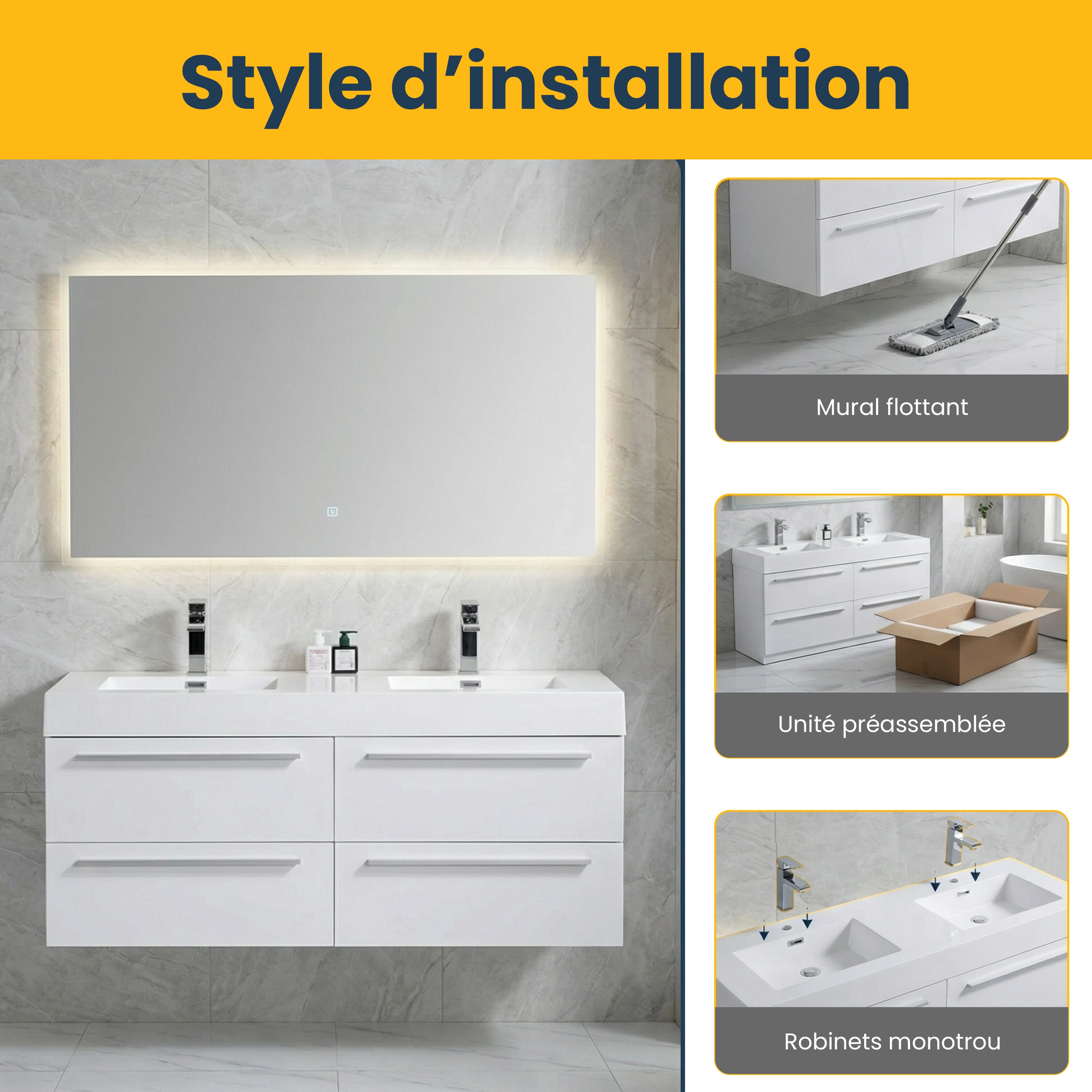 Meuble-Lavabo Mural Blanc de 60 po avec Comptoir en Polymarbre Blanc