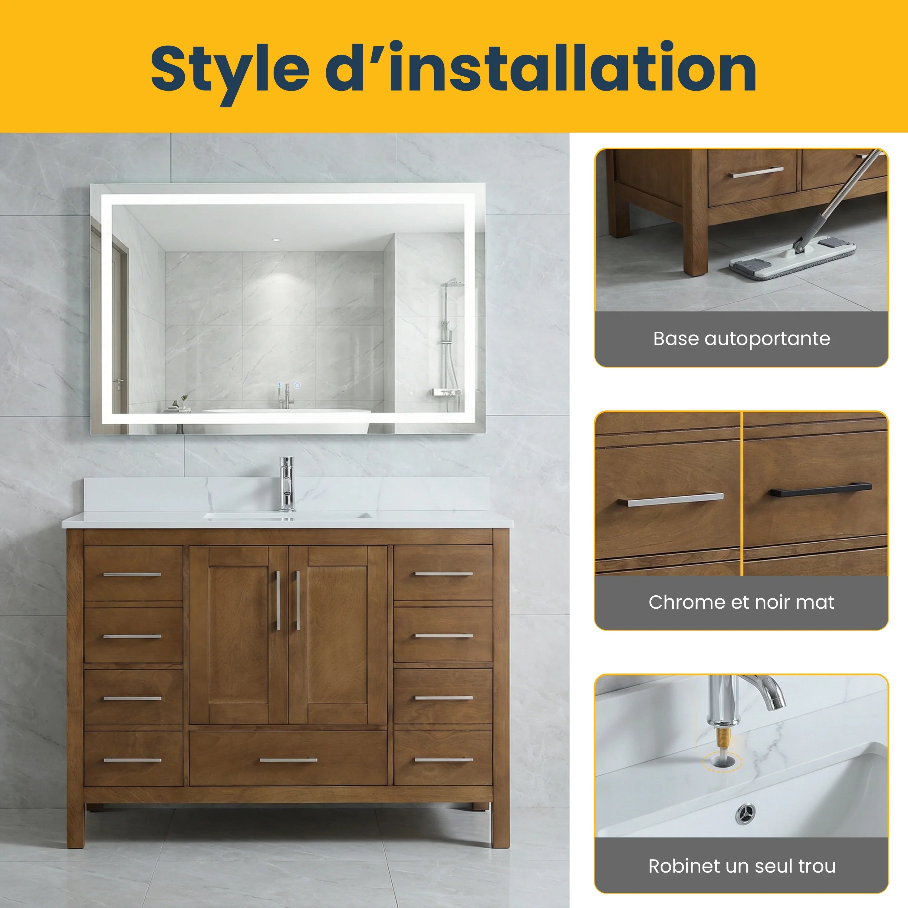 48" Walnut Freestanding Bathroom Vanity with Engineered Calcutta Marble Countertop