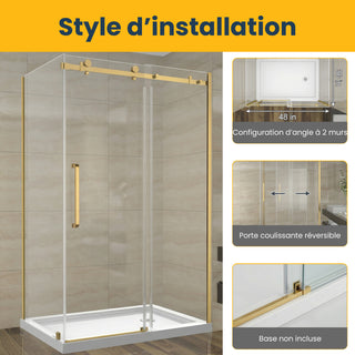 Porte de douche coulissante réversible 48" x 36" x 75" x 10mm avec design carré, quincaillerie en or brossé et panneau latéral 36"