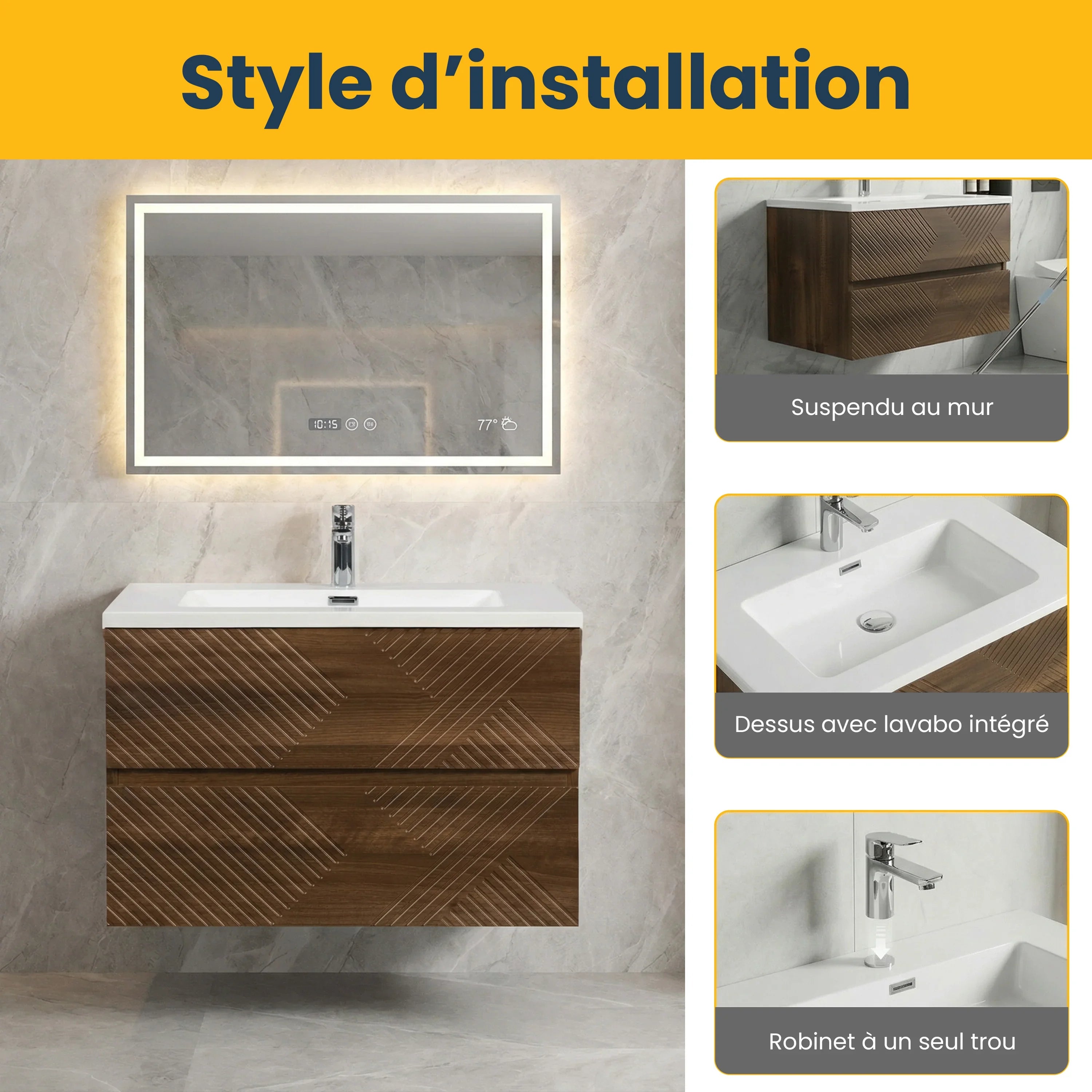 30" Walnut Wall Mount Single Sink Bathroom Vanity with White Polymarble Countertop