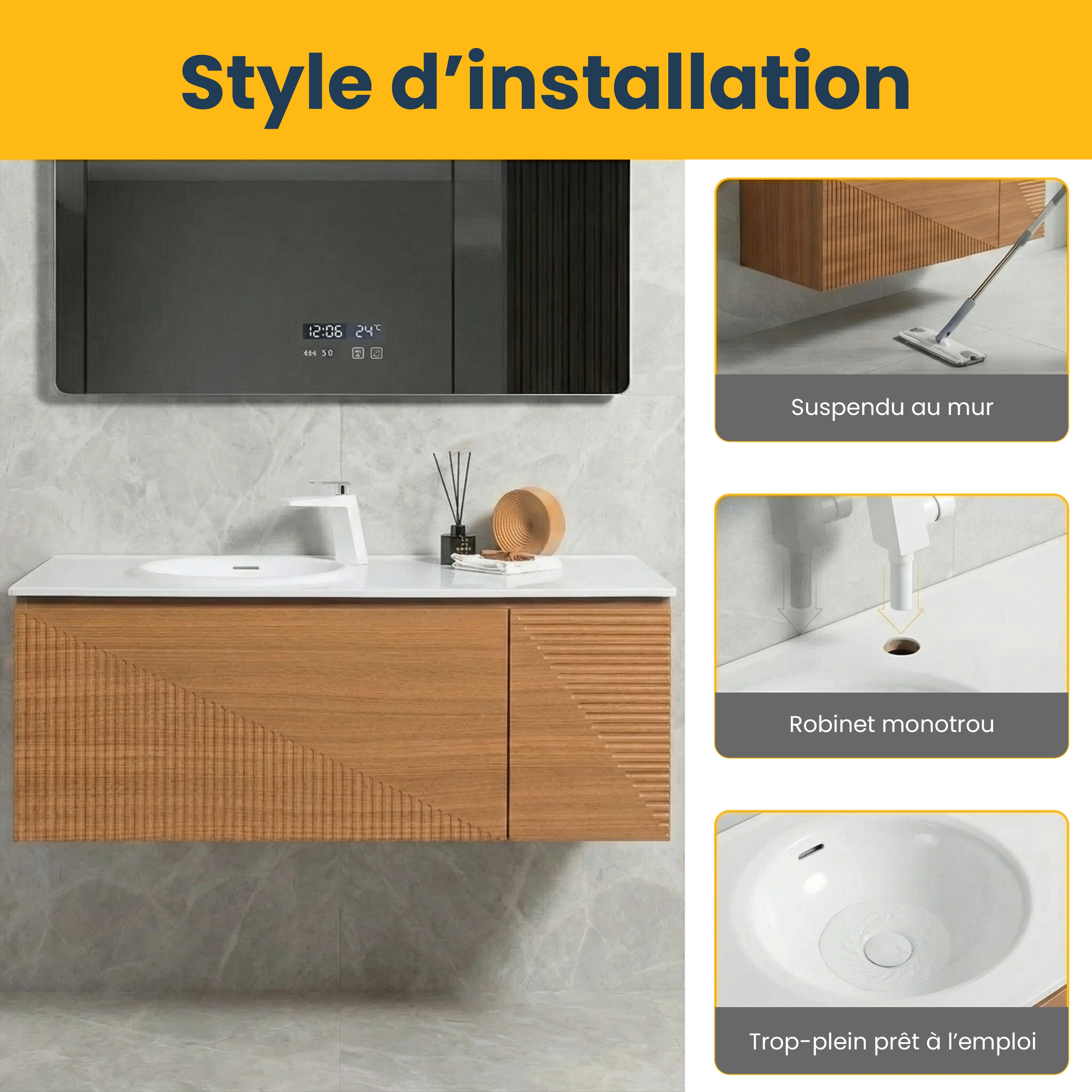48" Light Oak Wall Mount Bathroom with White Solid Surface Countertop