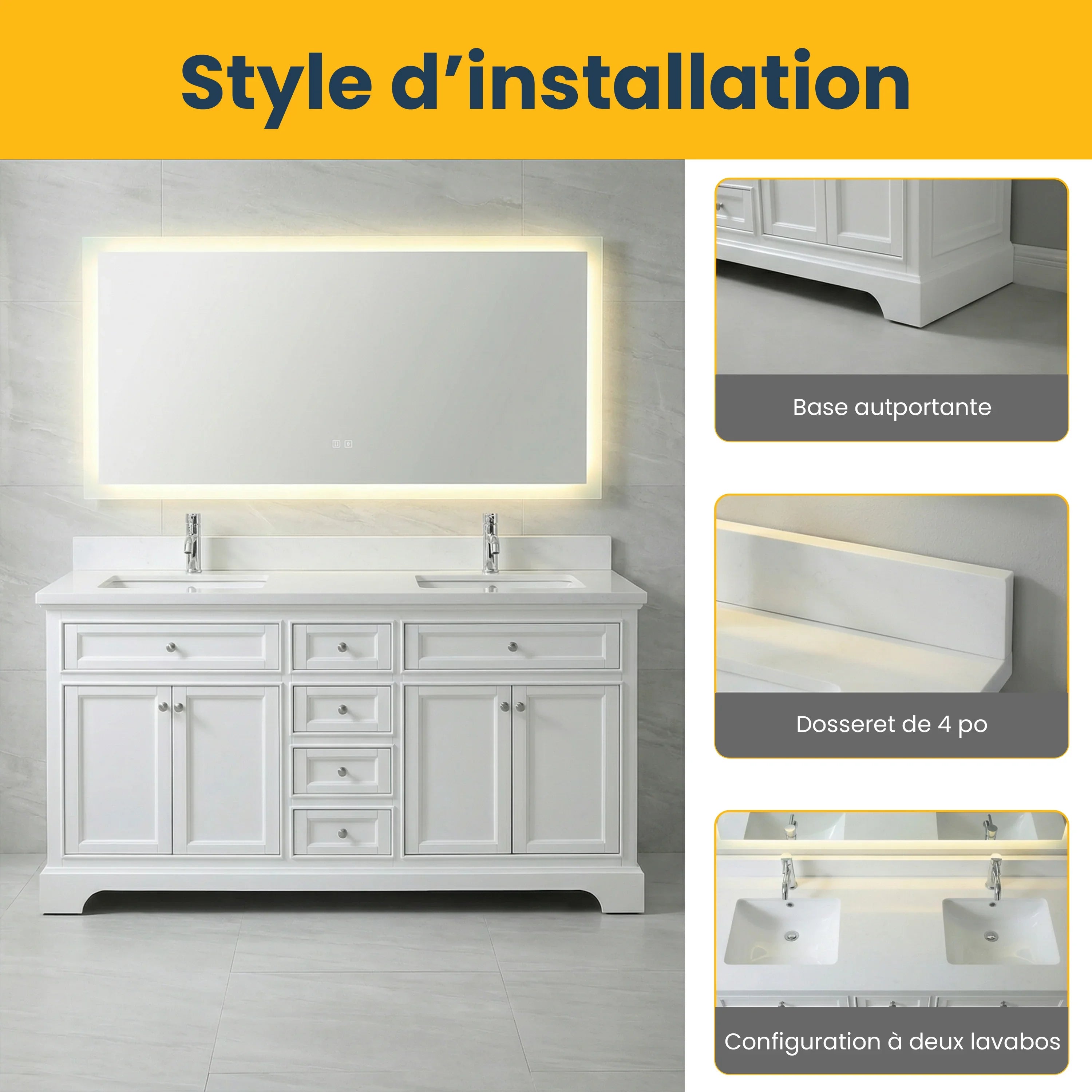 72" White Freestanding Bathroom Vanity with Engineered White Marble Countertop