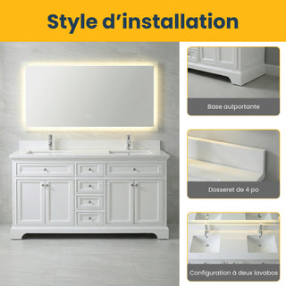 Meuble-lavabo autoportant blanc de 72 po avec comptoir en marbre blanc reconstitué