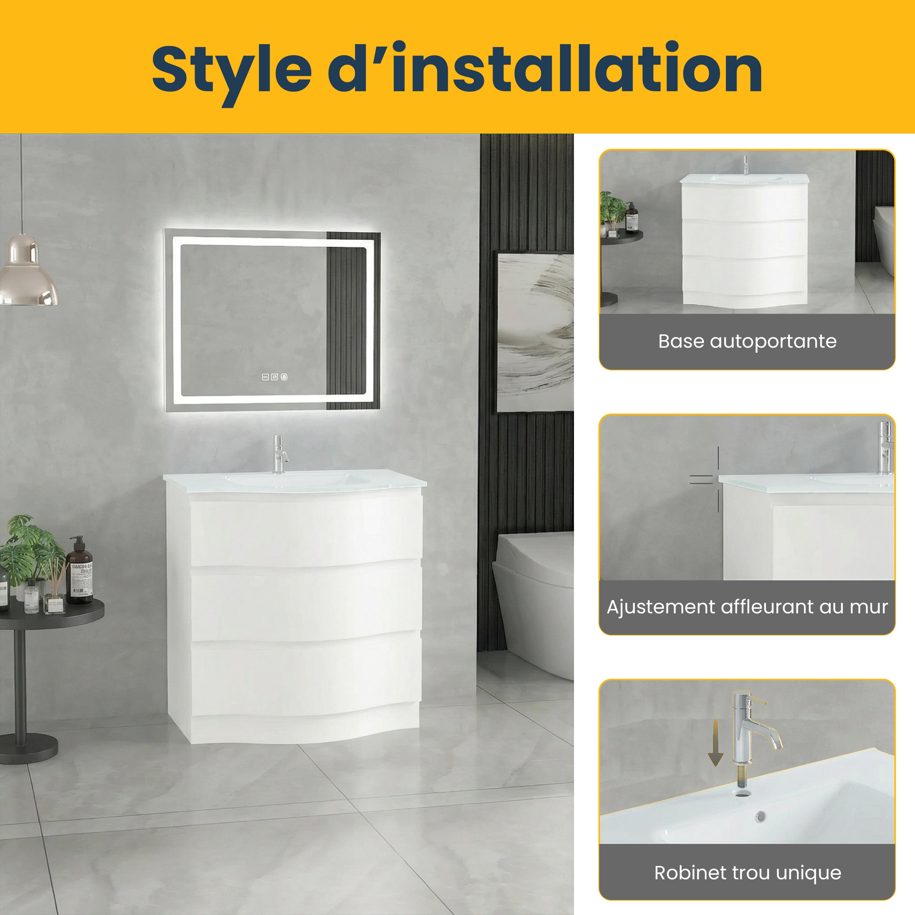 30" Matte White Freestanding Single Sink Bathroom Vanity with White Glass Countertop
