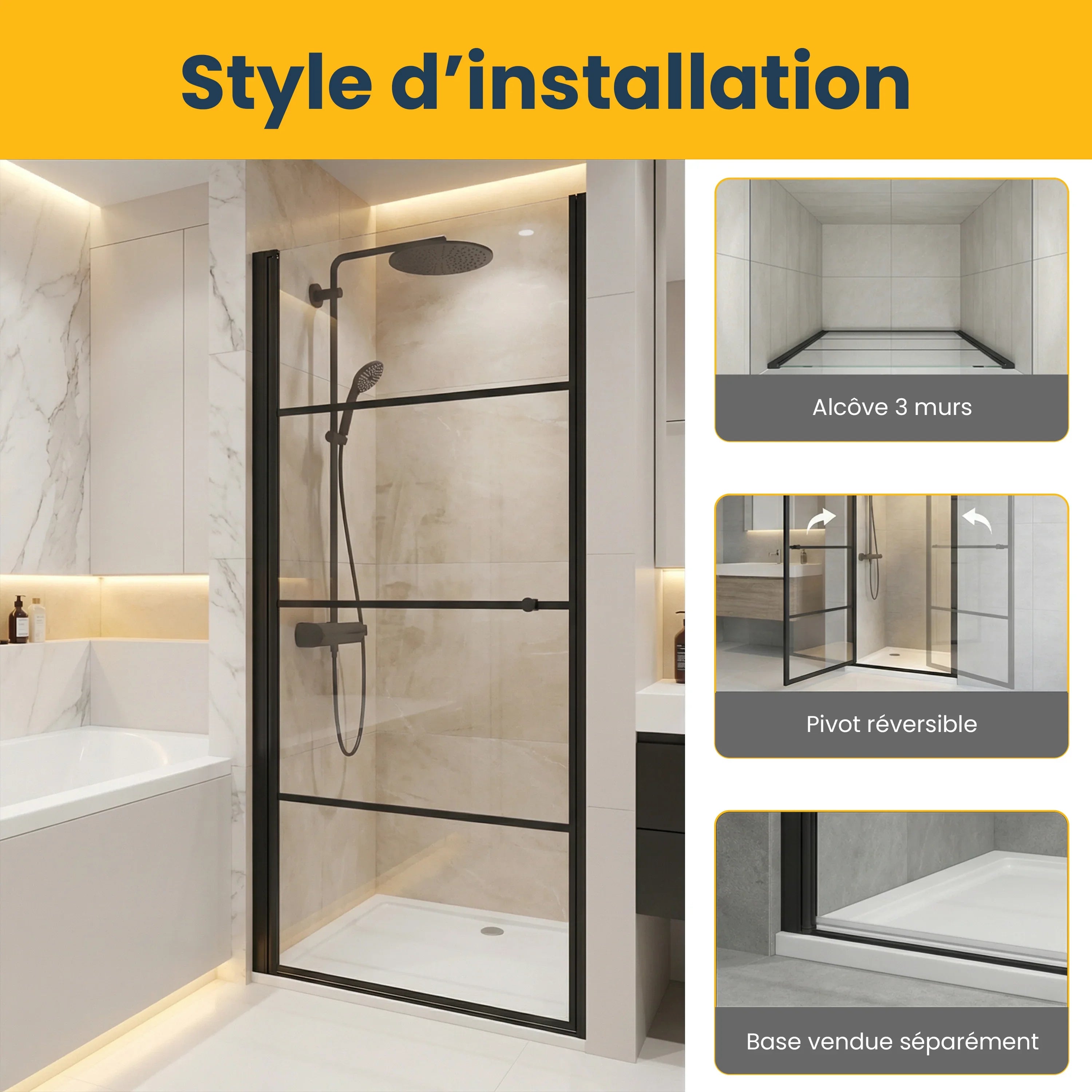 36" x 79" Reversible Pivot Shower Door in Matte Black with Clear Glass